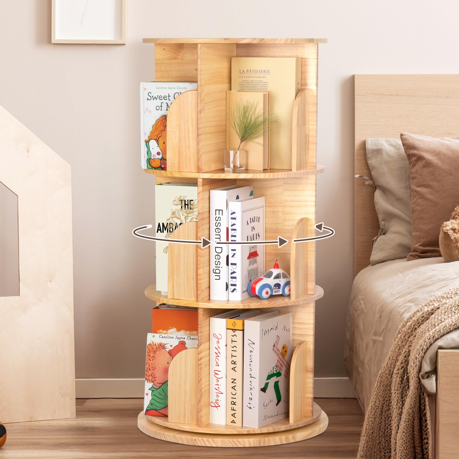OOOK Drehbares Bücherregal Kinder aus Massivholz, 360 Grad 3-stöckiges Bücherregal Kinderzimmer für Kinder und Erwachsene, Multifunktionales Kinderbücherregal Holz für Kinderspielzimmer