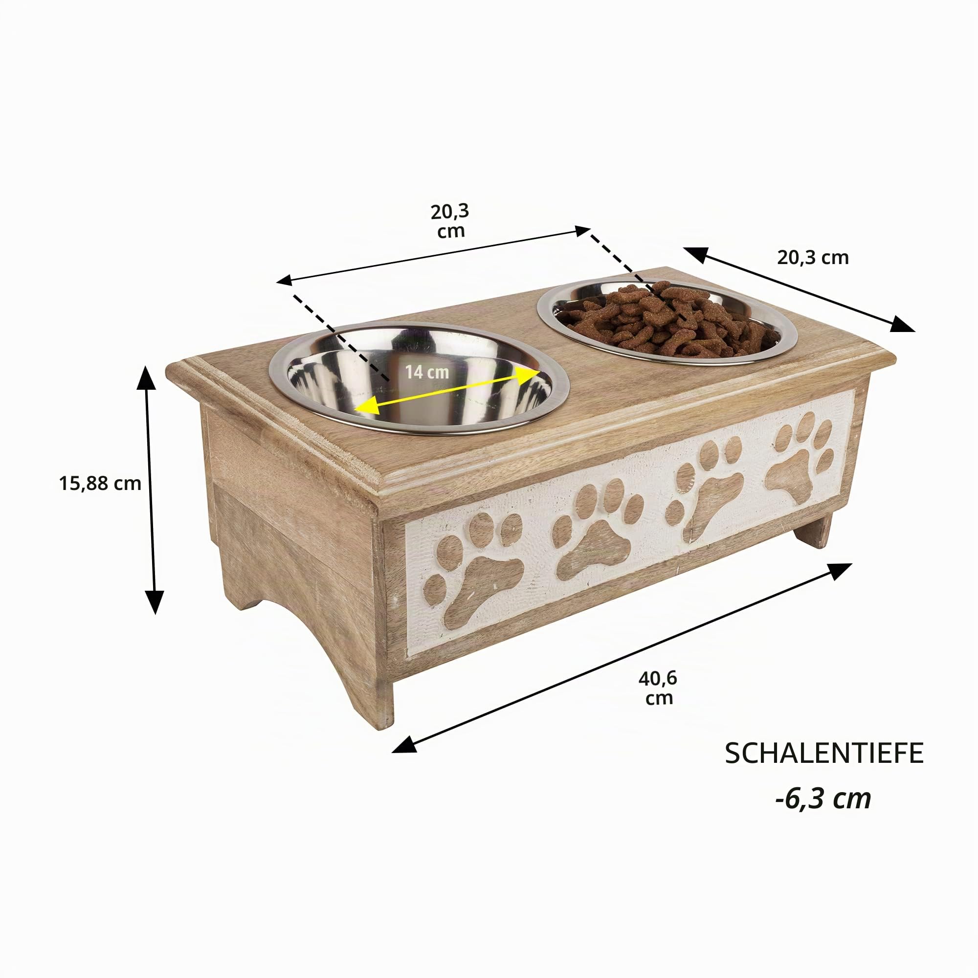 GoCraft Erhöhte Futternäpfe für kleine Hunde - Erhöhter Futternapf aus weiß gebleichtem Holz im modernen rustikalen Stil mit 2 Edelstahlschüsseln für Futter und Wasser für