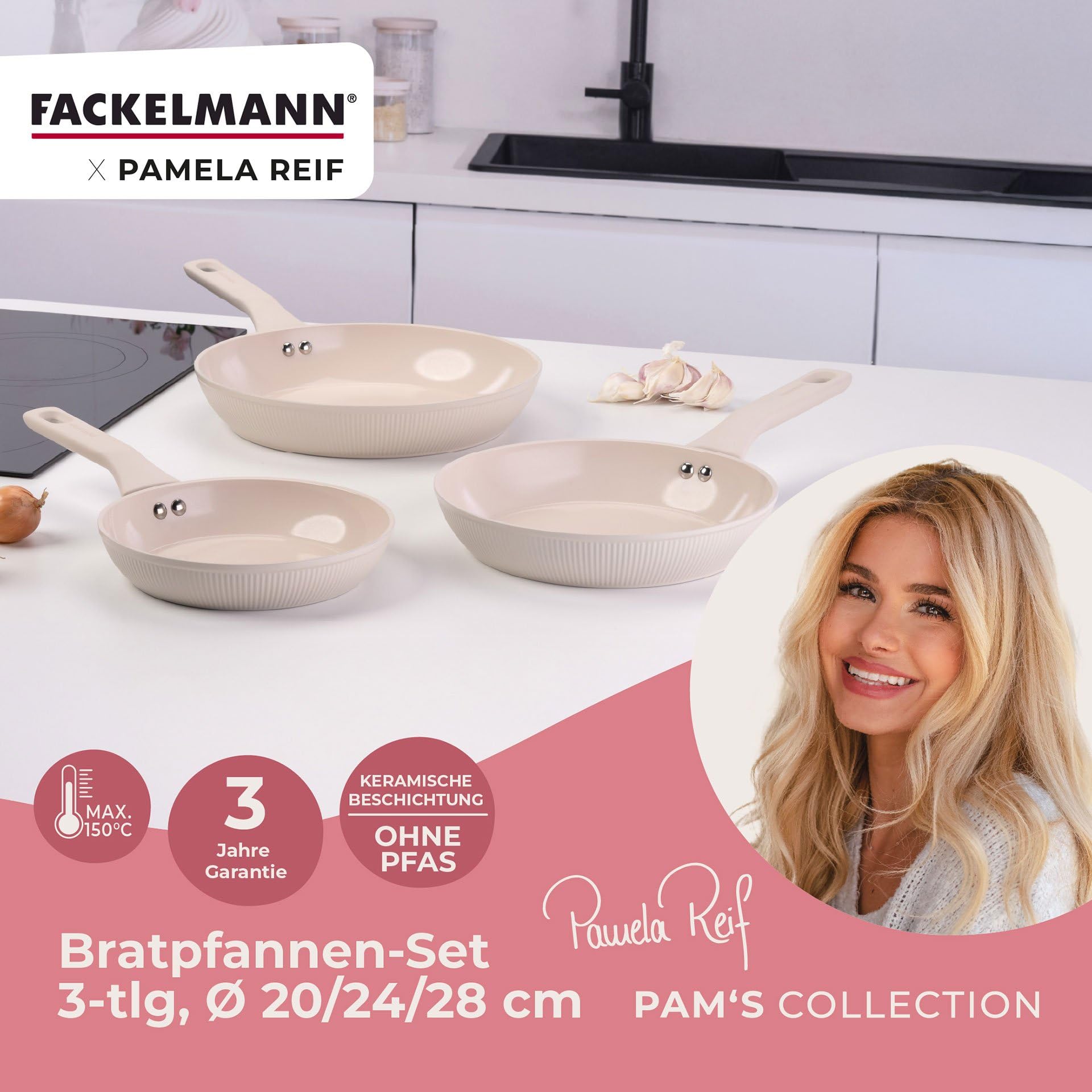 FACKELMANN x Pamela Reif Bratpfannen-Set 3-tlg Ø 20/24/28 cm – recyceltes Aluminium, Pastell-Beige, PFAS-freie Keramikbeschichtung, modernes Rillen-Design, für alle Herdarten