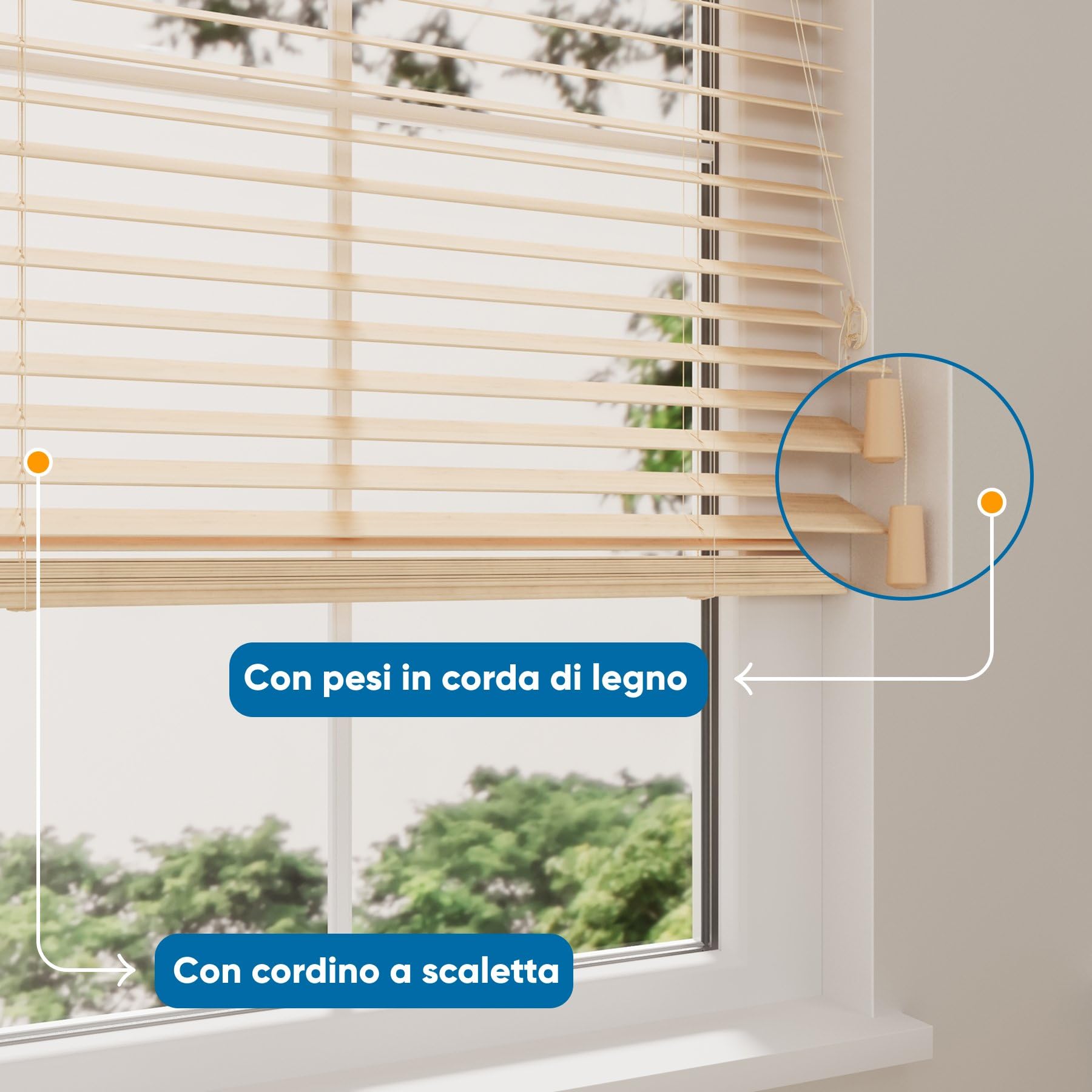 DTCH® Veneziana in legno per interni, naturale, 140 x 130 cm | Lamelle 50mm, legno sostenibile, protezione solare e visiva, regolazione luce, larghezze fino a 250 cm, sicurezza bambini