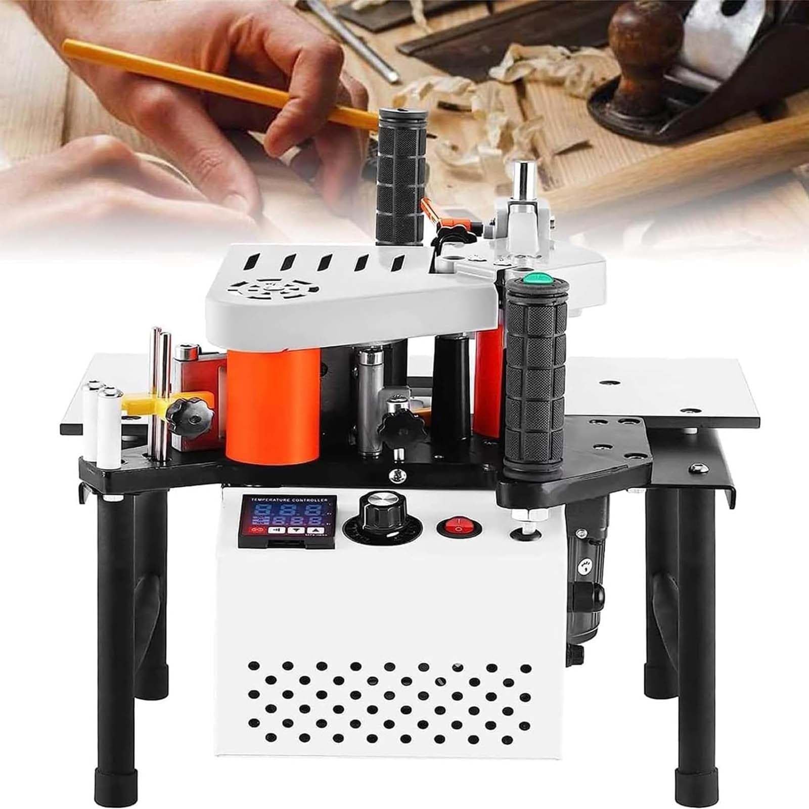 BOOZXCV Edge Banding Machine Portable Double Side Gluing, 1200W, Feeding Speed 6m/Min, Suitable for Straight and Curved Wood Banding, 220V