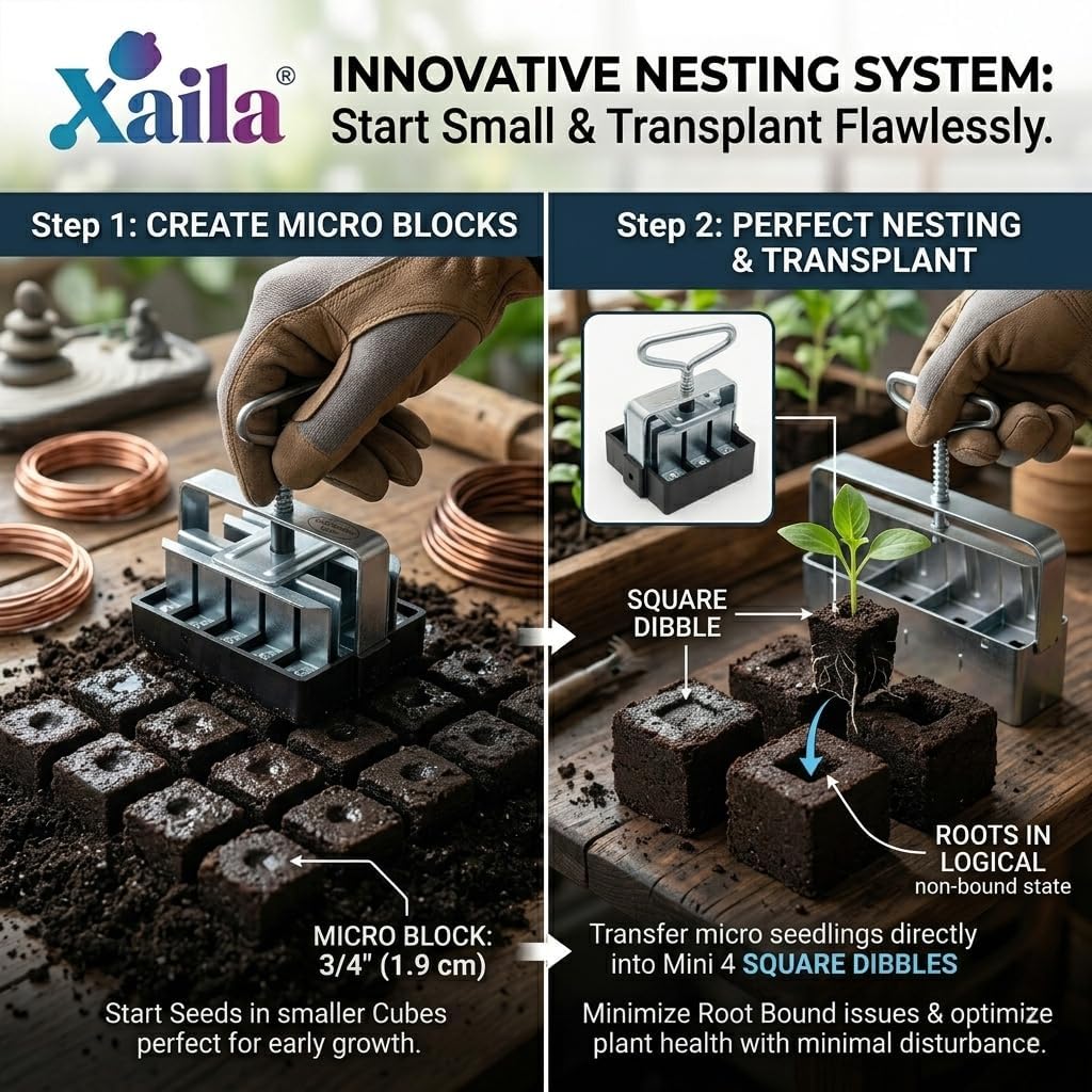 Xaila 4-Piece Soil Block Maker Kit – Micro 20 & Mini 4 Blocker with Inserts & Pins, Compatible with Ladbrooke Nesting System, Durable Steel Tool for Healthy, Plastic-Free Seed Starting