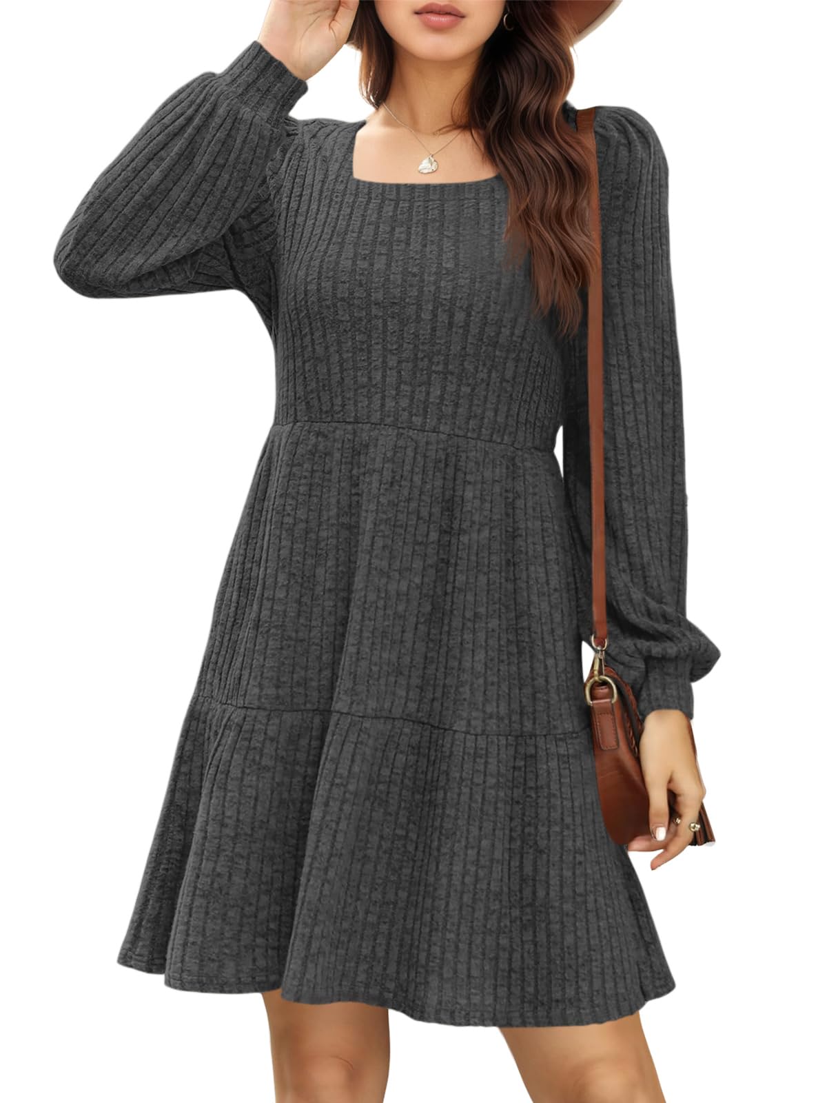 Cicy Bell Freizeitkleider für Damen Leichte Strickkleid Pulloverkleid Langarm A-Linie Casual Babydoll Herbst Kleider,Schwarz,M – Ansicht 3