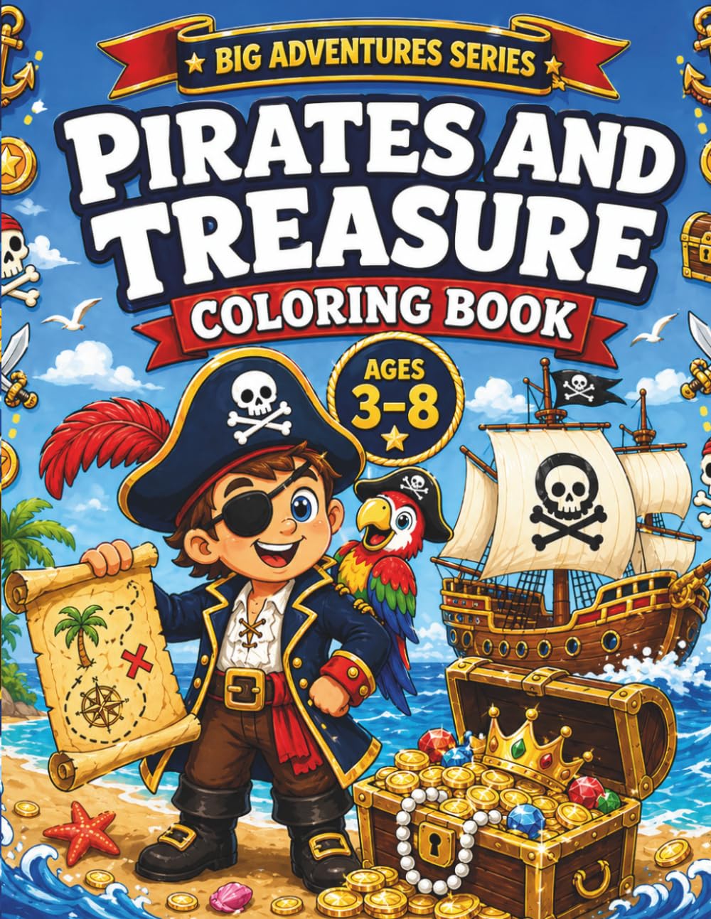 Pirates And Treasure Coloring Book: Fun and Easy Pirate Adventures with Treasure Hunts, Ships, and Ocean Scenes for Kids Ages 3–8 (Big Adventures ... & Adventure Coloring Books for Kids Ages 3–8)