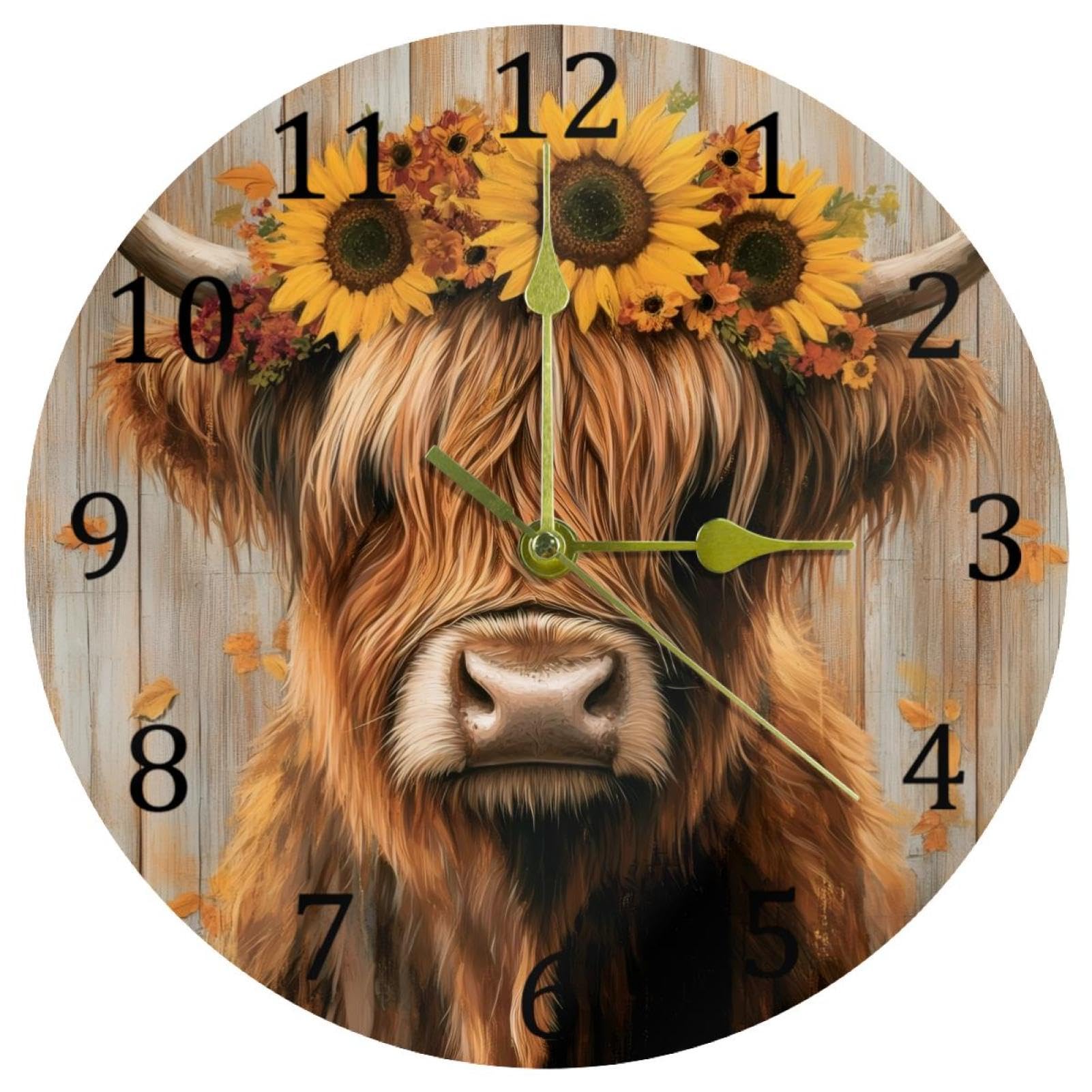 Luoweisi Highland Cow Sunflower Rustic Wooden Wall Clock 9.8 Inch Silent Non-Ticking Battery Operated Decorative Clock for Living Room Bedroom Kitchen