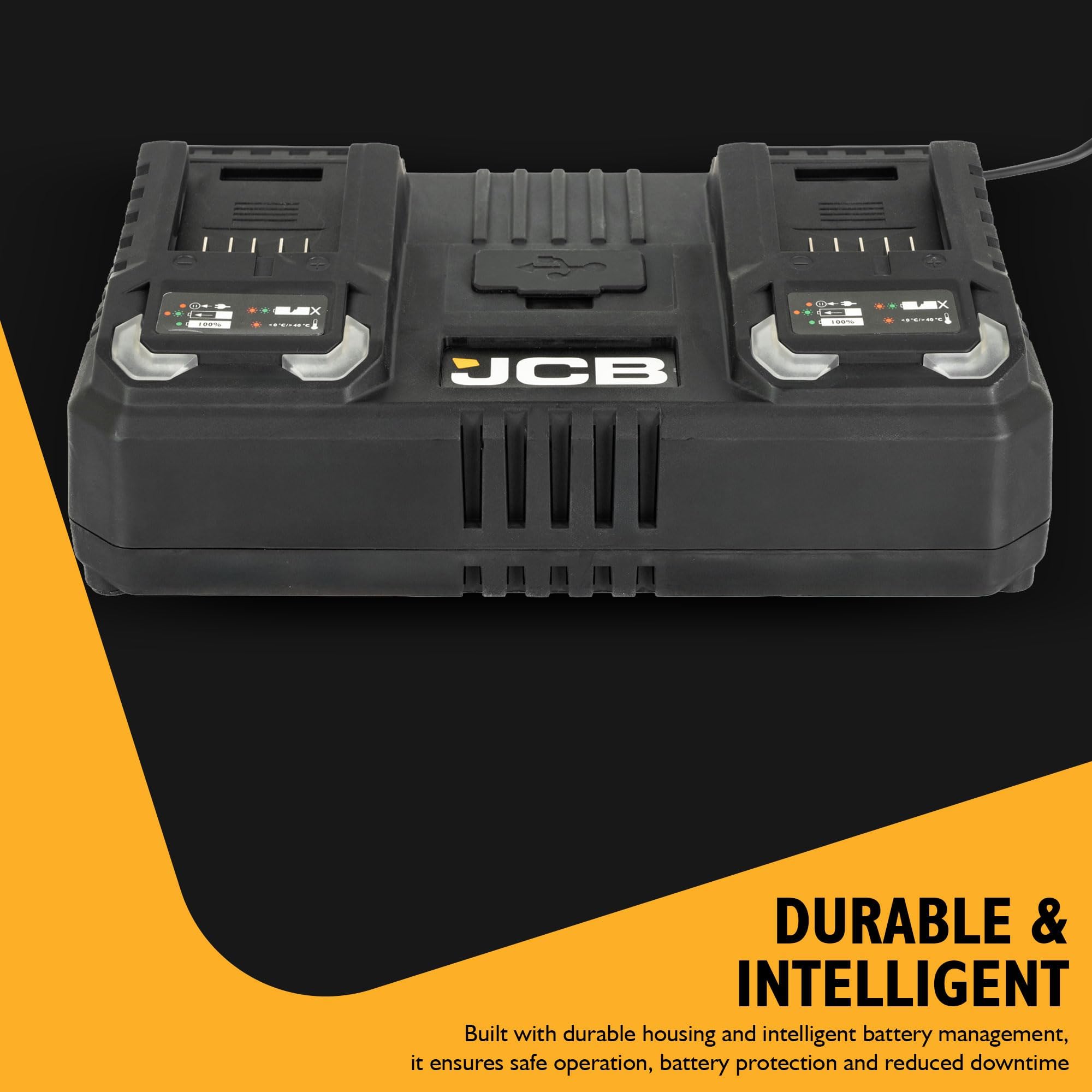 JCB Caricabatterie rapido Pro 18V Dual Port 2×4.5A con porte USB e USB-C aggiuntive - Compatibile con JCB Cordless & Professional Tools - Garanzia di 2 anni