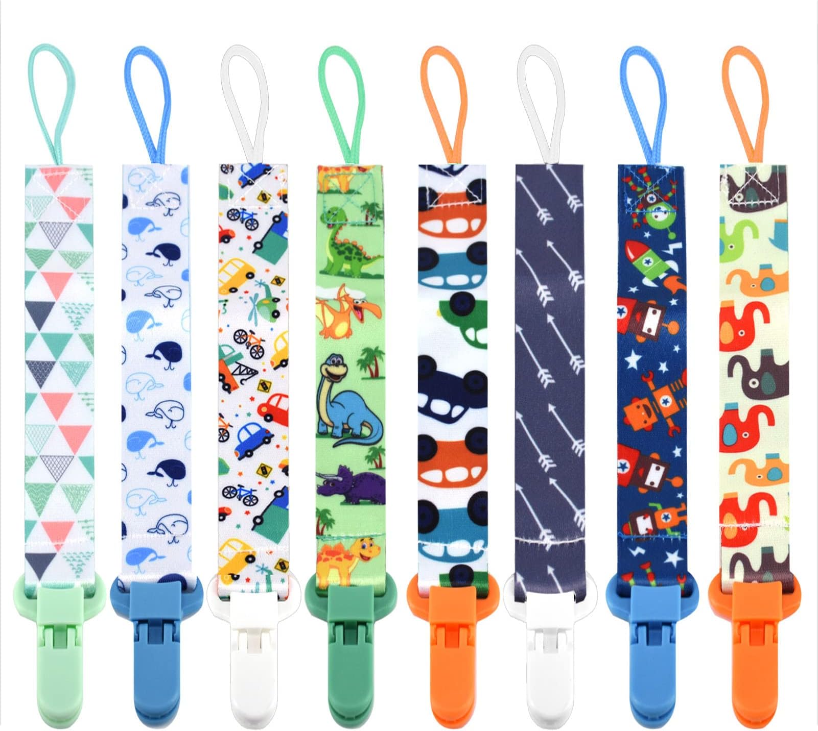 8 Pack Dummy Clip Boys, Pacifier Holders Leashes Set Soother Chains Holder Pacifier Clips Dummy Strap Pacifier Gag Strap Soother Clips for Baby Teething Toys Baby Shower Newborn Essentials