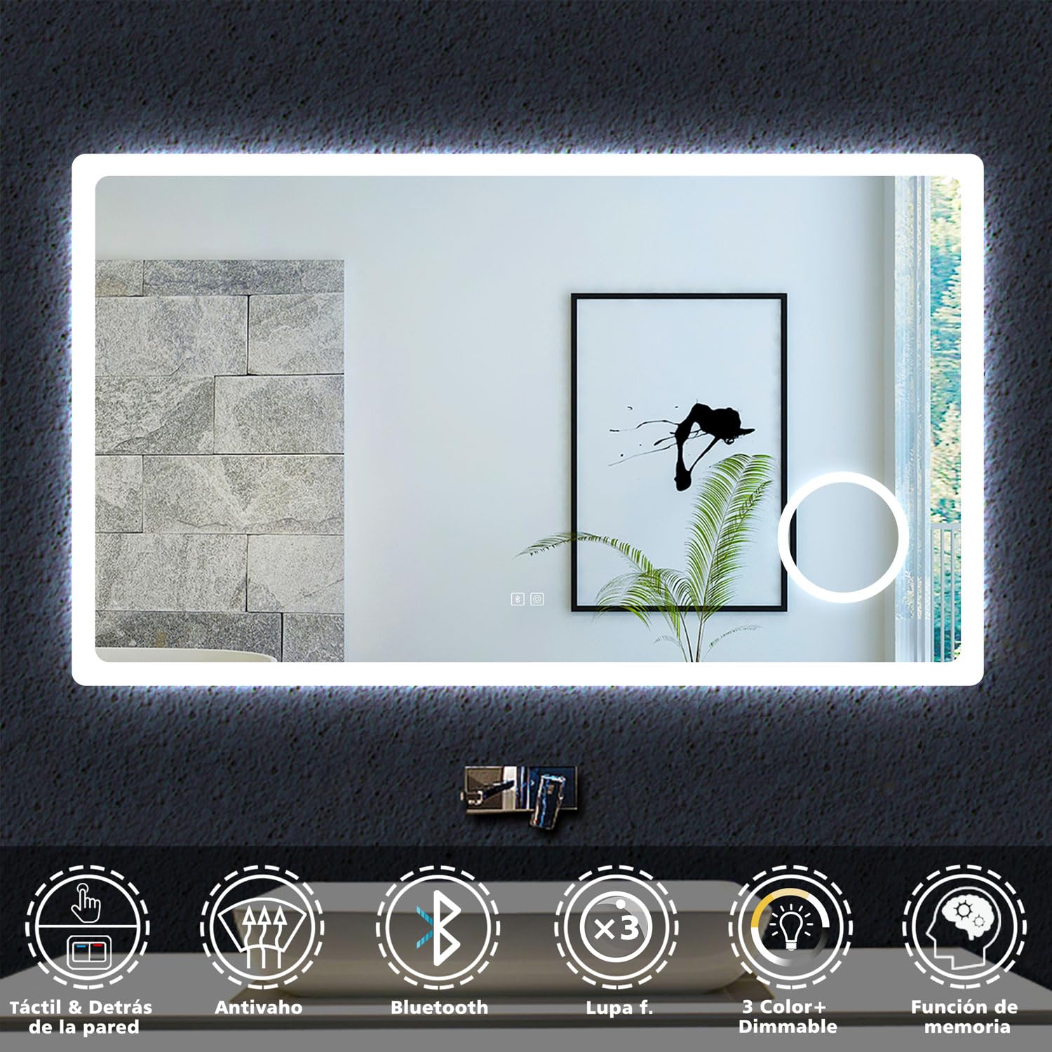 Espejo de baño con luz LED,120 x 70 cm, AICA Espejo, con luz led 3 Colores, función antinieble, Memoria agapada, Bluetooth, Lupa con Aumento de 3X y Brillo Ajustable. Diseño Moderno.
