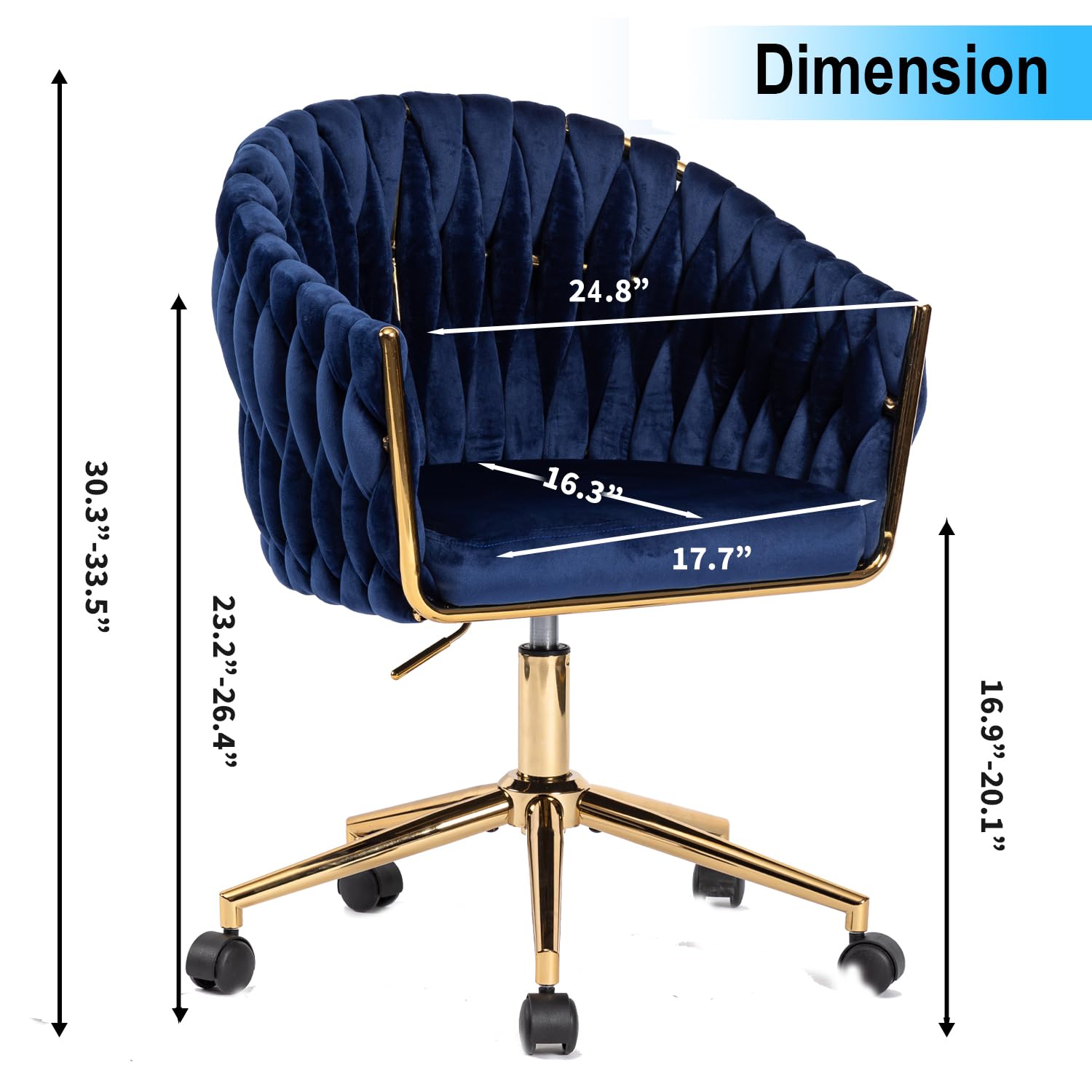 Comermax Velvet Office Chair with Hand Woven,  Vanity Chairs with Golden Wheels, 360° Swivel Home Office Desk Chair Computer Chairs, Accent Chair Makeup Chair for Bedroom, Living Room(Black): Blue
