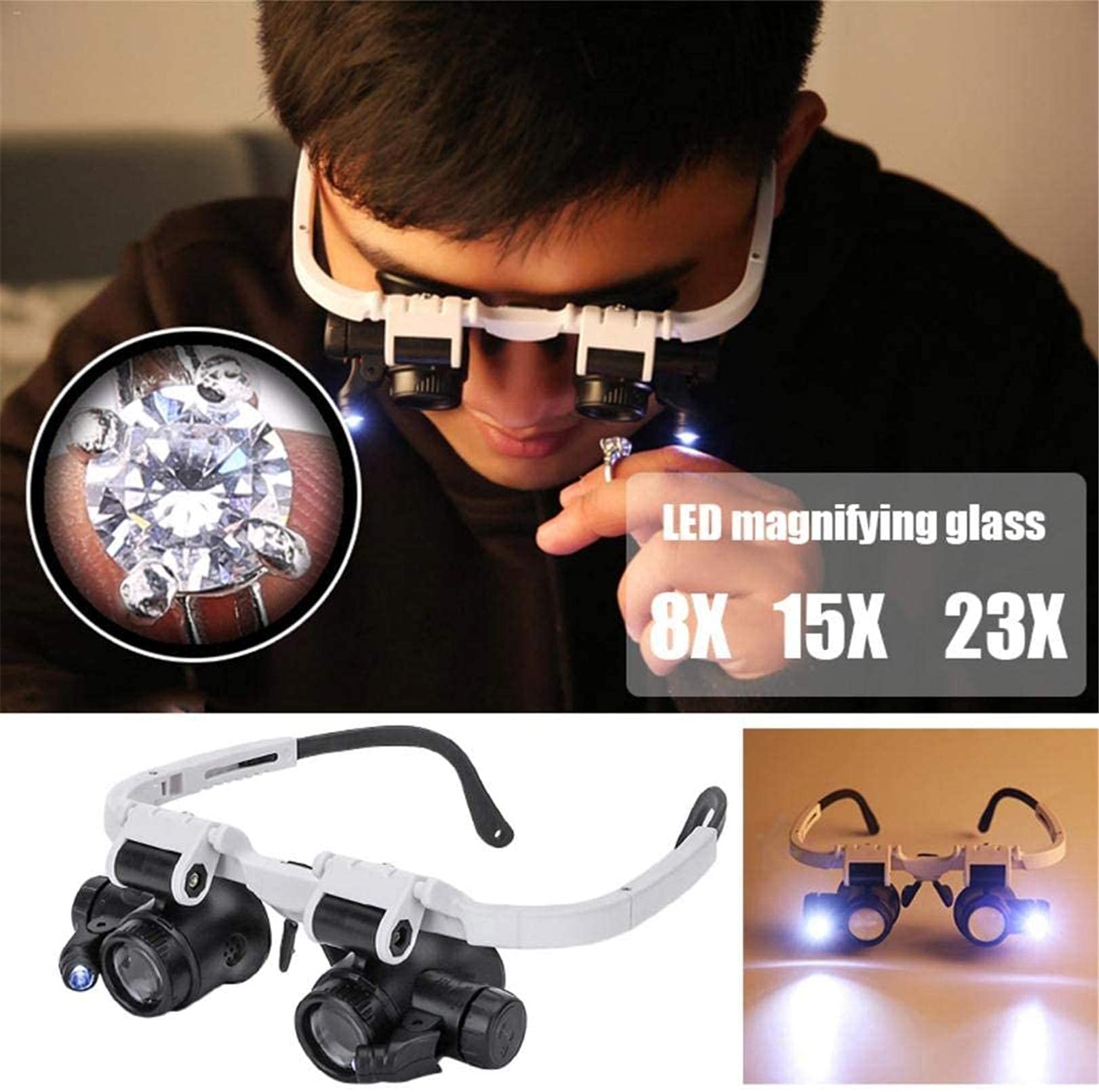 Stirnbandlupe, Handlupe, Kopflupe, Stirnbandlupe Mit LED-Beleuchtung 8X, 15X, 23X Lupe Für Uhrmacher, Schmuckhersteller.