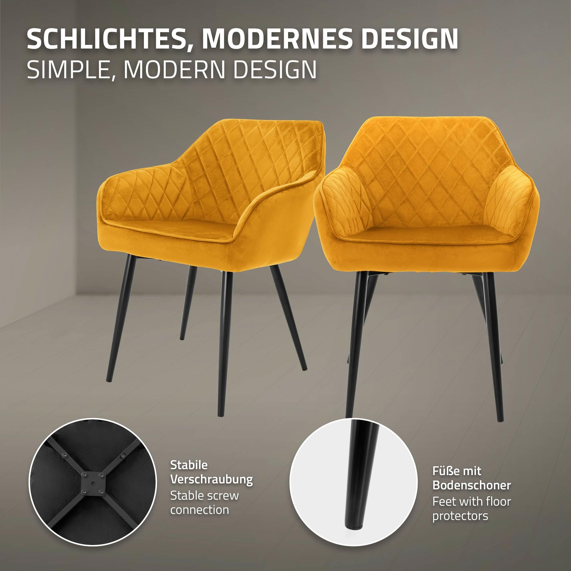 ML-Design Set 2X Sillas de Comedor Color Ocre Estilo Moderno Asiento Tapizado Aspecto de Terciopelo Patas de Metal Negras con Respaldo y Apoyabrazos Sillón Moderno de Salón Oficina Dormitorio Cocina