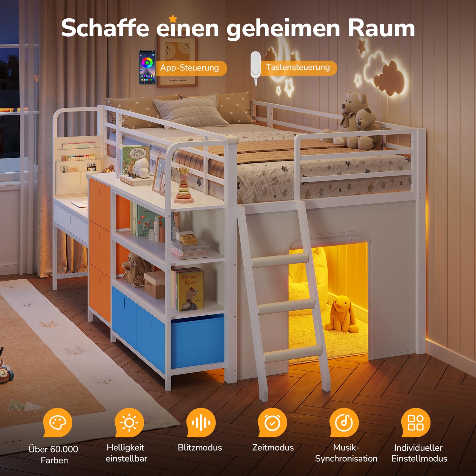Kinderhochbett 90x200,Weiß+Gelb+Blau | LED-Licht, Schreibtisch, Stauraum, Spielhöhle. 4-in-1: Schlafen, Lernen, Stauraum, Spielen