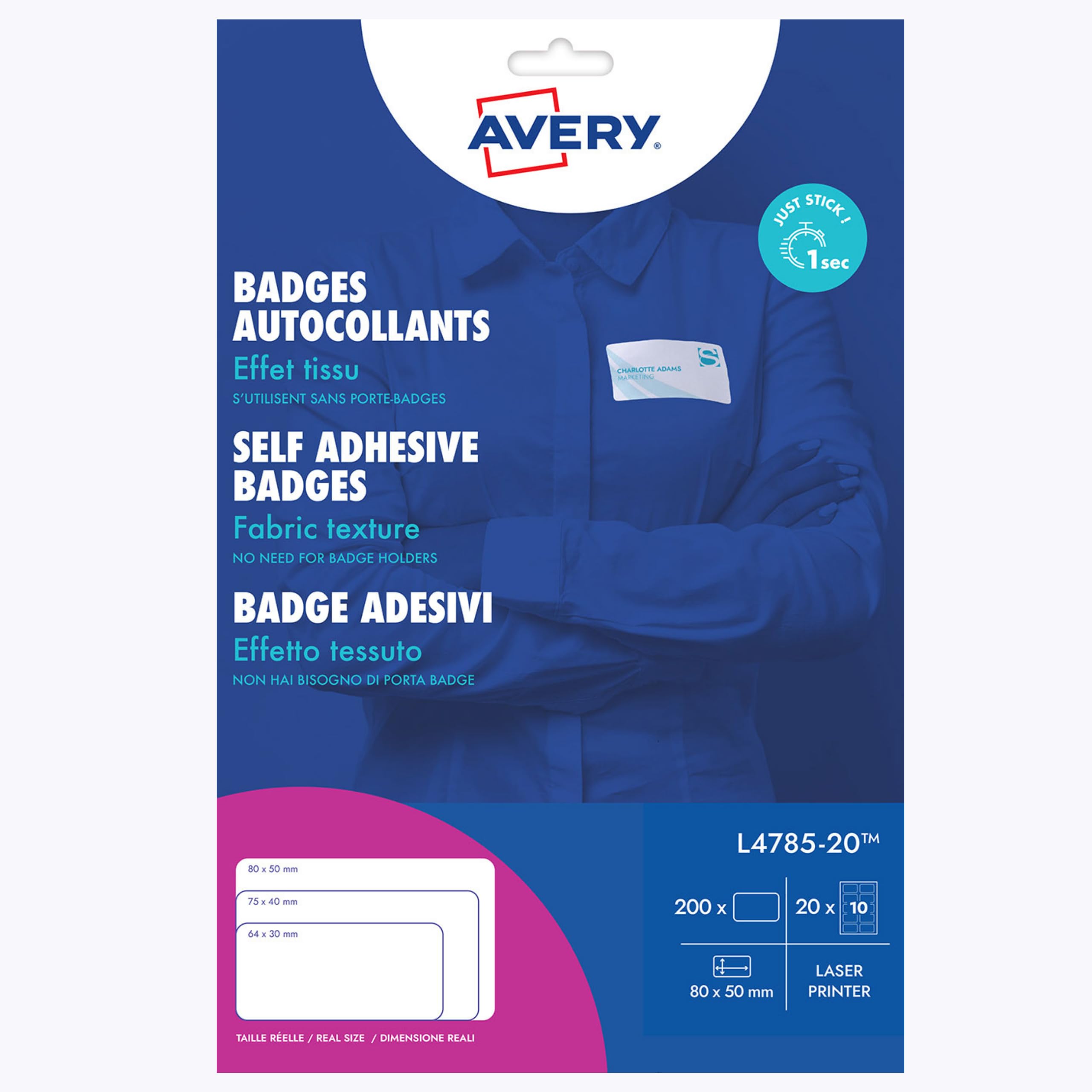 Avery White 80 x 50 mm Self Adhesive Laser Name Badge Labels - 10 Per Page - 20
