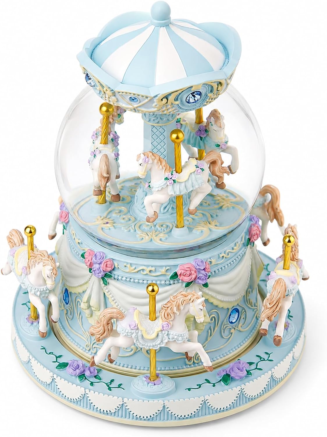 Blue Carousel Snow Globe Music Box with LED Lights, Rotating Horse Merry Go Round, Wind Up Musical Snow Globe Plays You are My Sunshine, Gift for Daughter Granddaughter Mom Women