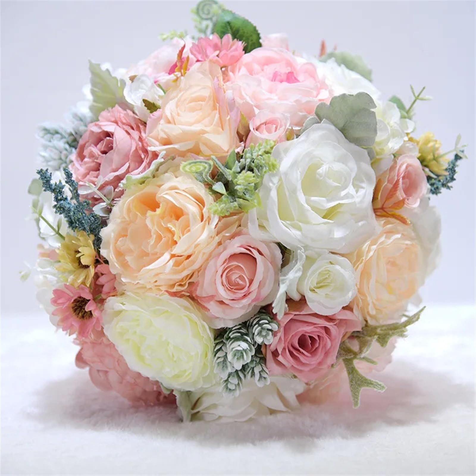 Bouquet artificiali da sposa, bouquet da sposa, Bouquet da sposa in seta con peonie rosa avorio e cipria(Pink)