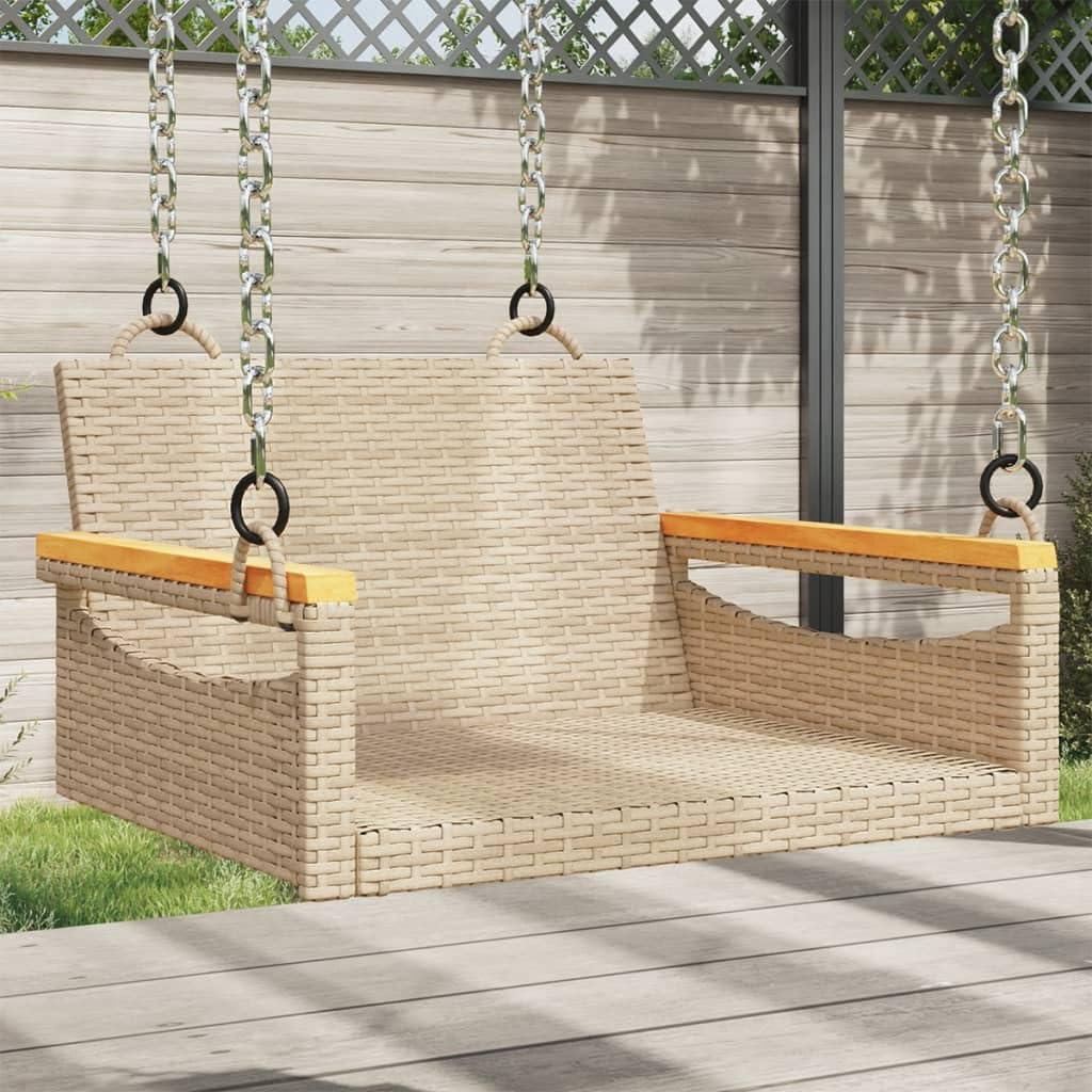 Sillón colgante de ratán sintético beige con función de balancín, 63 x 62 x 40 cm, banco colgante con anillos de fijación y marco de acero pulverizado para el jardín