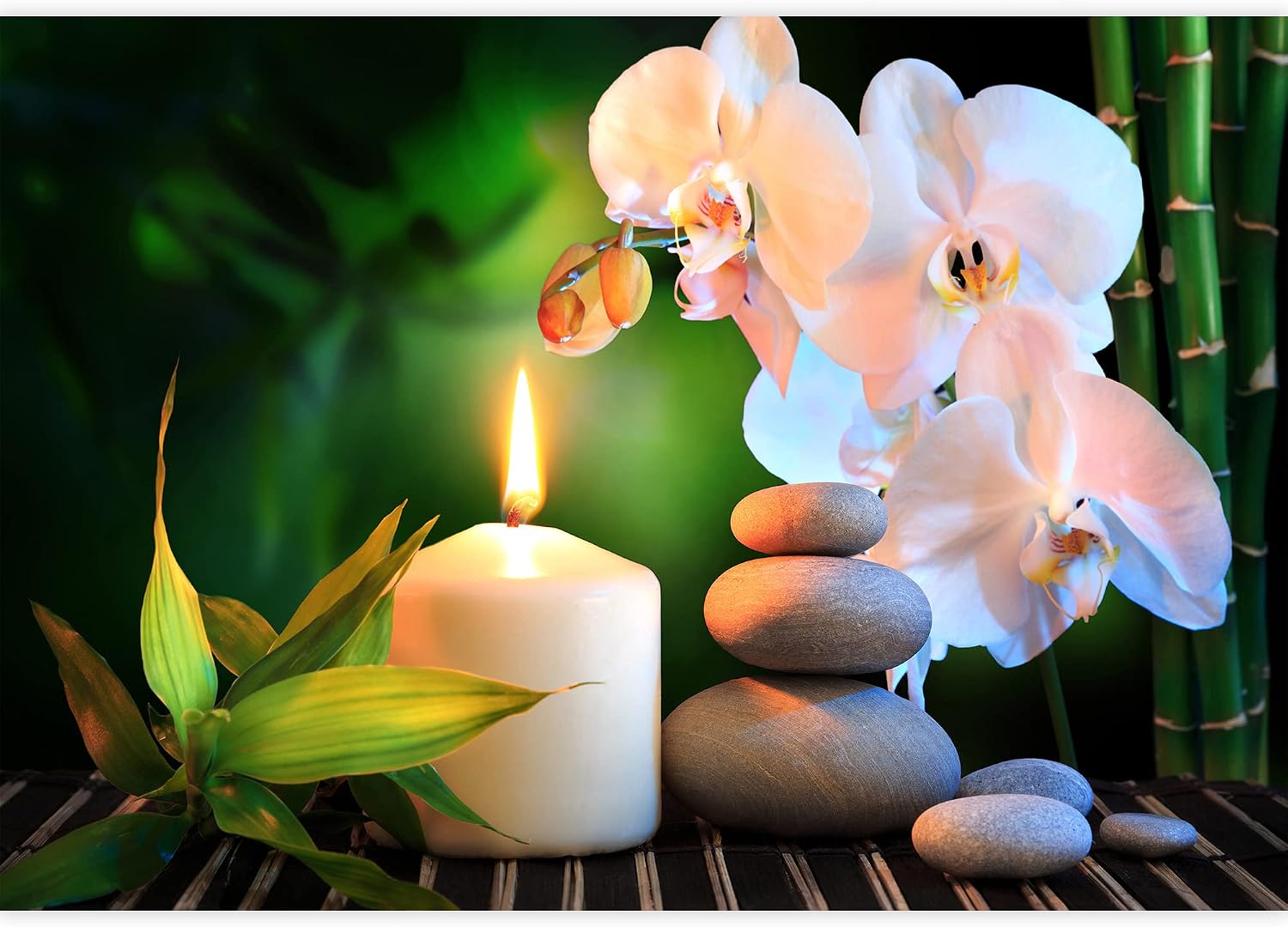 wall26 Removable Wall Sticker/Wall Mural Zen Yoga Massage Stones, Candles, Bambo Nature Wilderness Photography Realism Decorative Landscape Multicolor for Living Room, Bedroom, Office - 66x96 inches