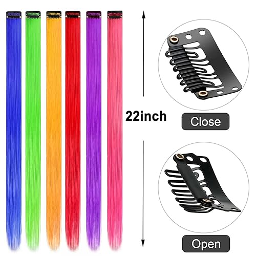 Miniatura 4 de 12 extensiones de cabello con clip de colores, cabello sintético lacio de 22 pulgadas para niños, niñas y mujeres
