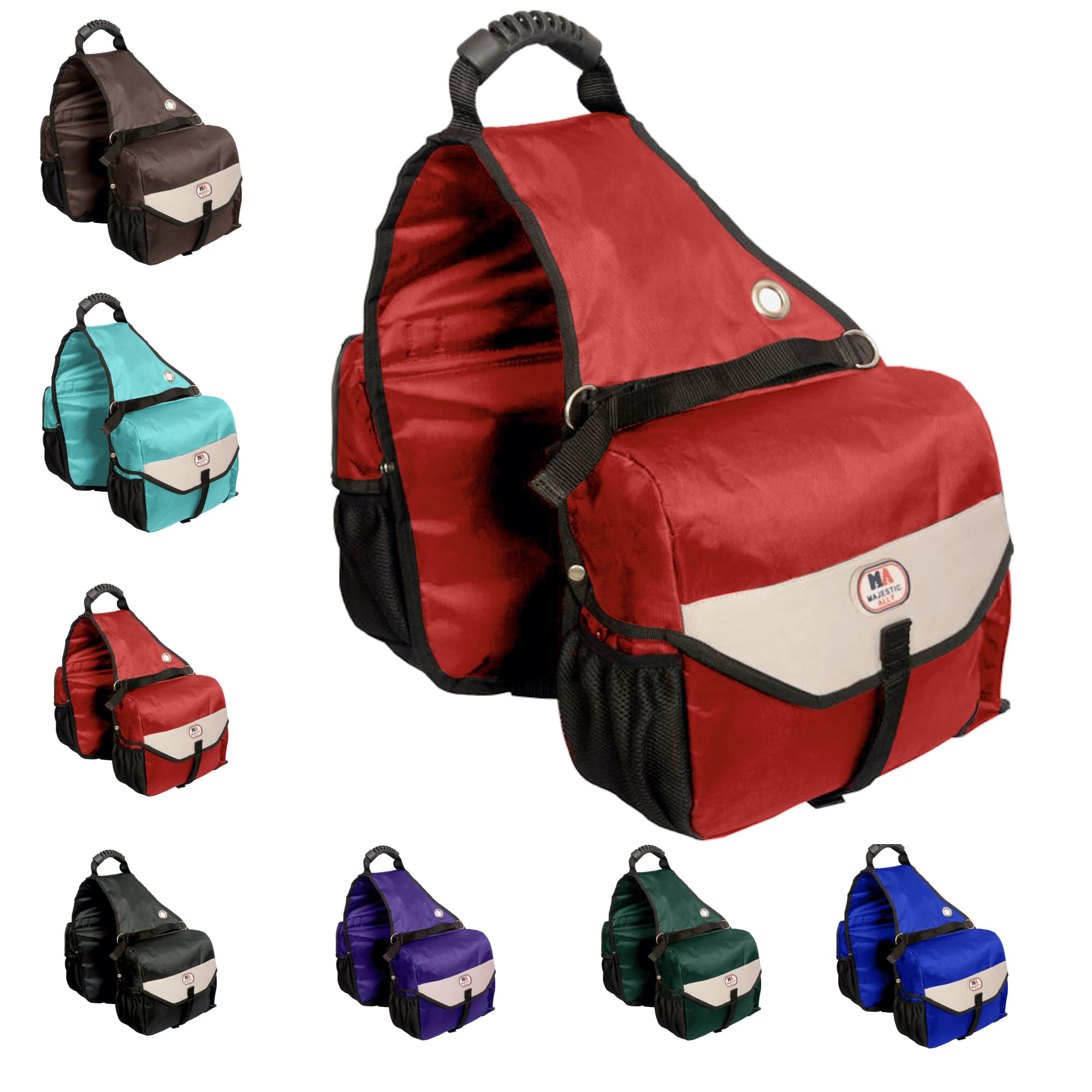 Majestic Ally Horse Saddle Bag - Nylon Insulated Leakproof Cooler, Reflective Padded with Pockets and Water Bottle Carrier, Durable Equestrian Saddle Bag (Red)