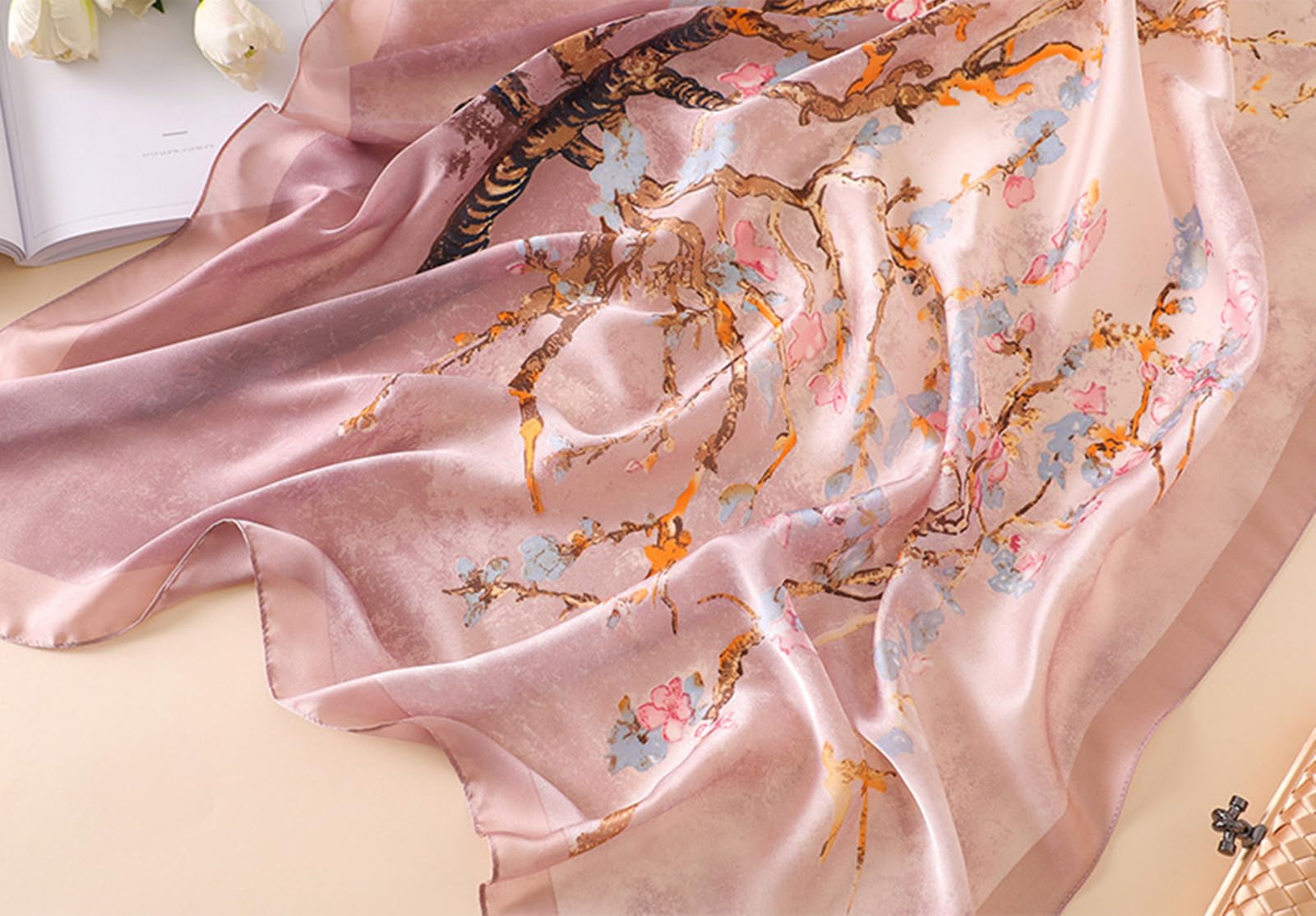 Bufanda Mujer Turbante De Seda Floral De Albaricoque Elegante Bufanda De Chal De Seda De Pintura Al Óleo para Mujeres - Envolturas De Hijab De La Cabeza Femme De Moda