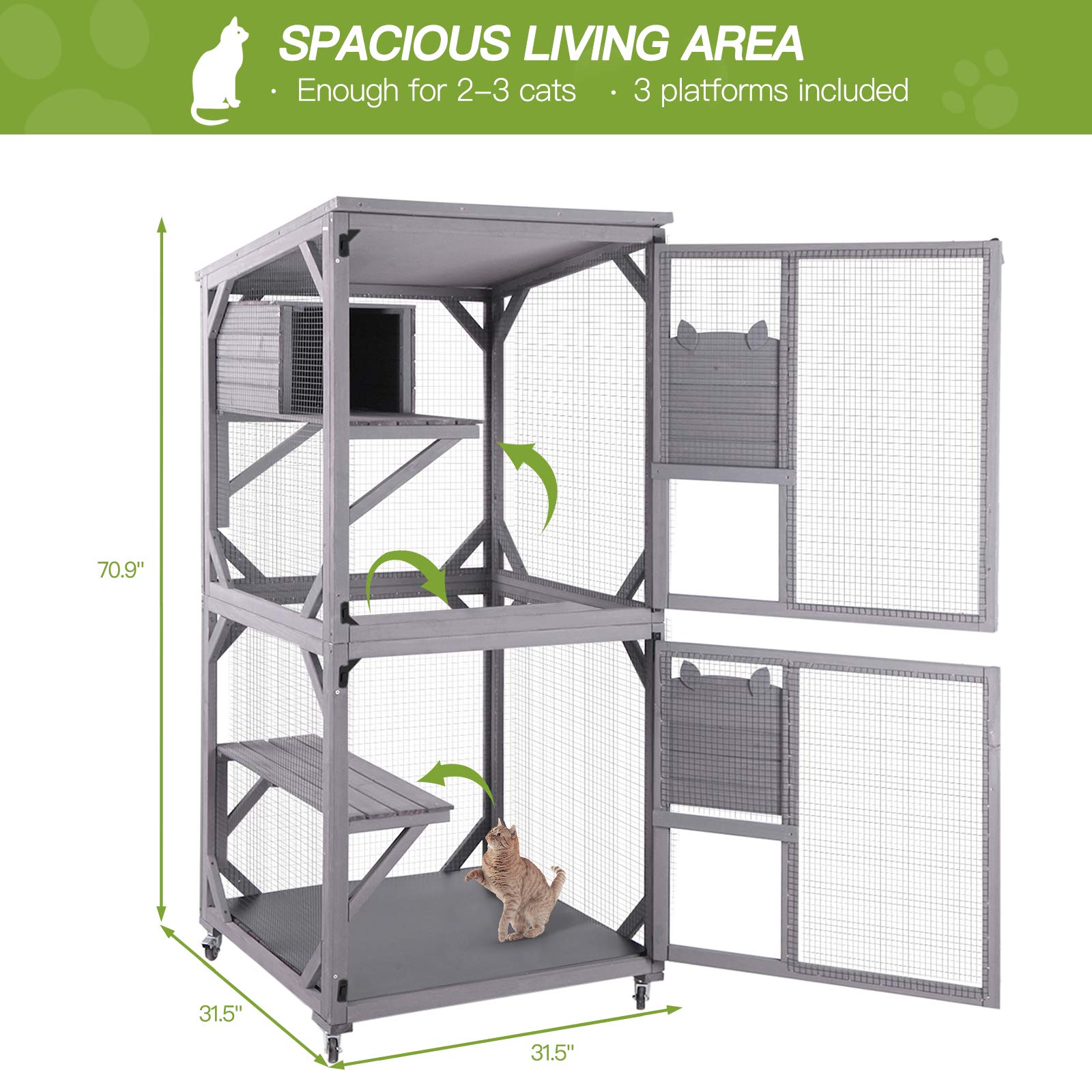 GUTINNEEN Cat House Outdoor Cage Cat Enclosure on Wheels,Large Wooden