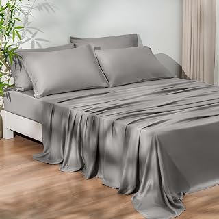 PHF 6PCS 100% Rayon Derived from Bamboo_ Sheets Set Queen Size, Cooling Sheets for Hot Sleepers, Wider Elastic Band & 16" Deep Pocket, Luxury Silky Soft Breathable Bedding Set & Pillowcase, Gray Mist