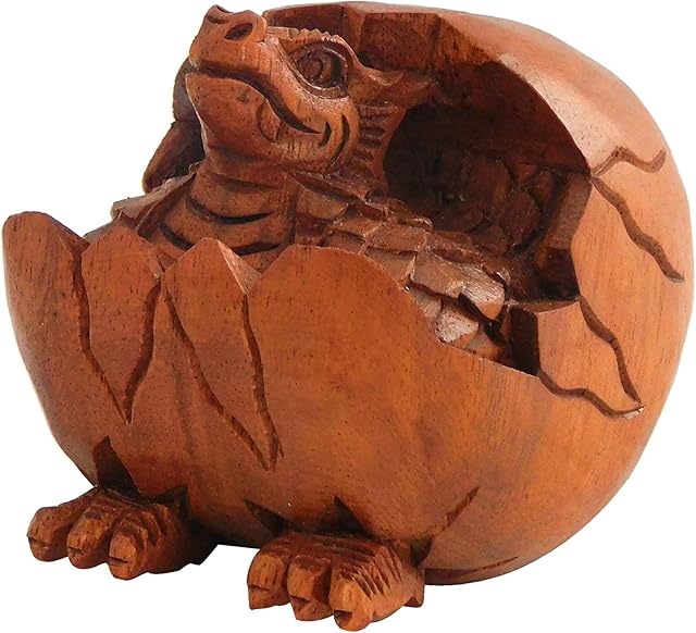 Brave Wings Hand Carved Wooden Dragon ~ Hatchlets Hatching Dragon Egg ~ OOAK Ornament Sculpture Figurine Statue Unique Table Decoration Home Decor Gift for Christmas and Birthdays ~ 4671