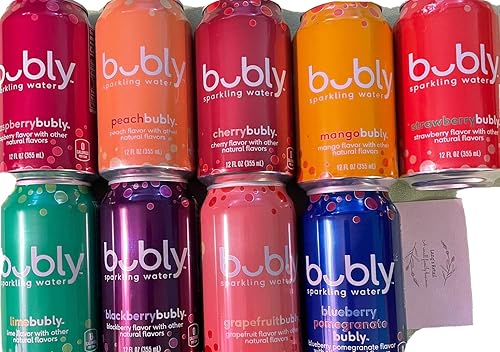 Bubly - Bebidas de agua con gas, paquete de 9, frambuesa bubly, melocotón bubly, cereza bubly, mango bubly, fresa bubly, lima bubly, mora bubly,