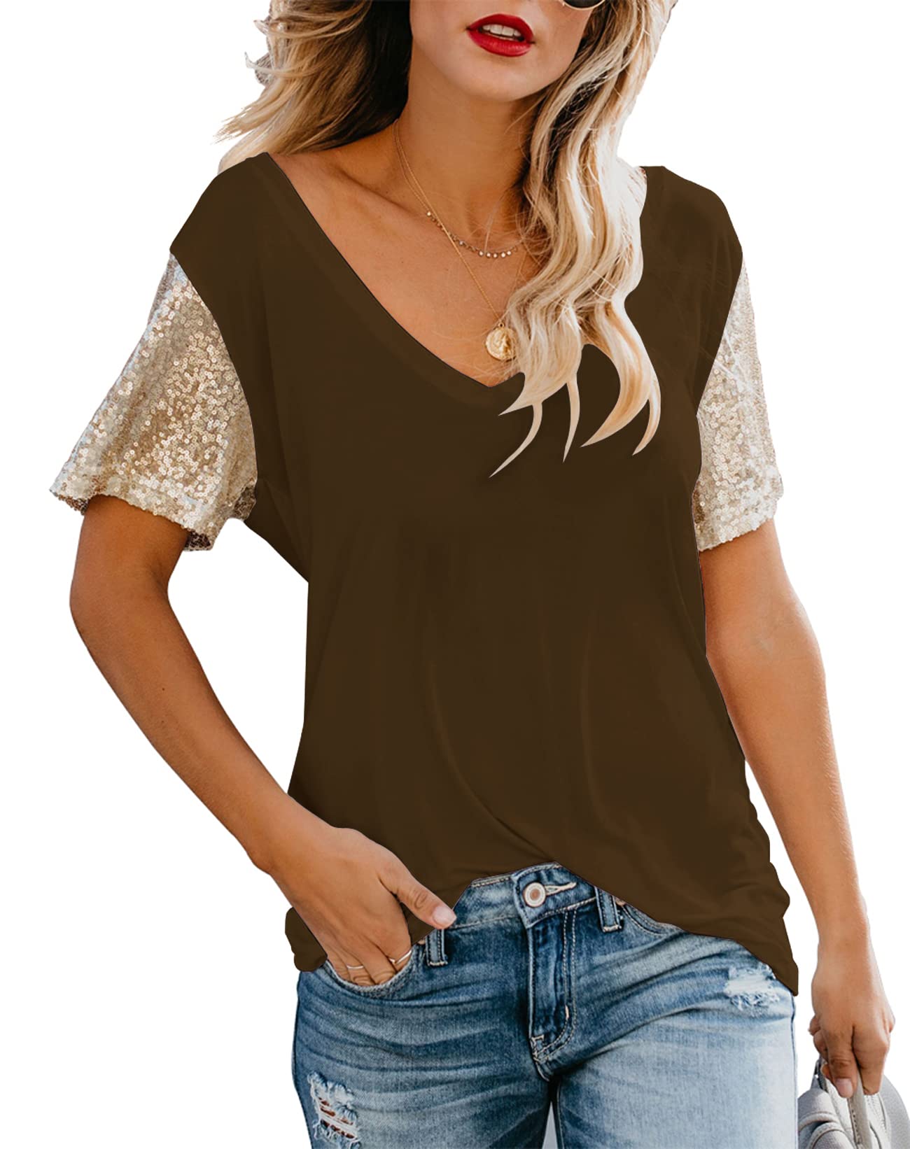 Topstype Women's Sequin Short Sleeve Tee V Neck T Shirts Glitter Sparkles Loose Blouse Tops XX-Large Z-brown