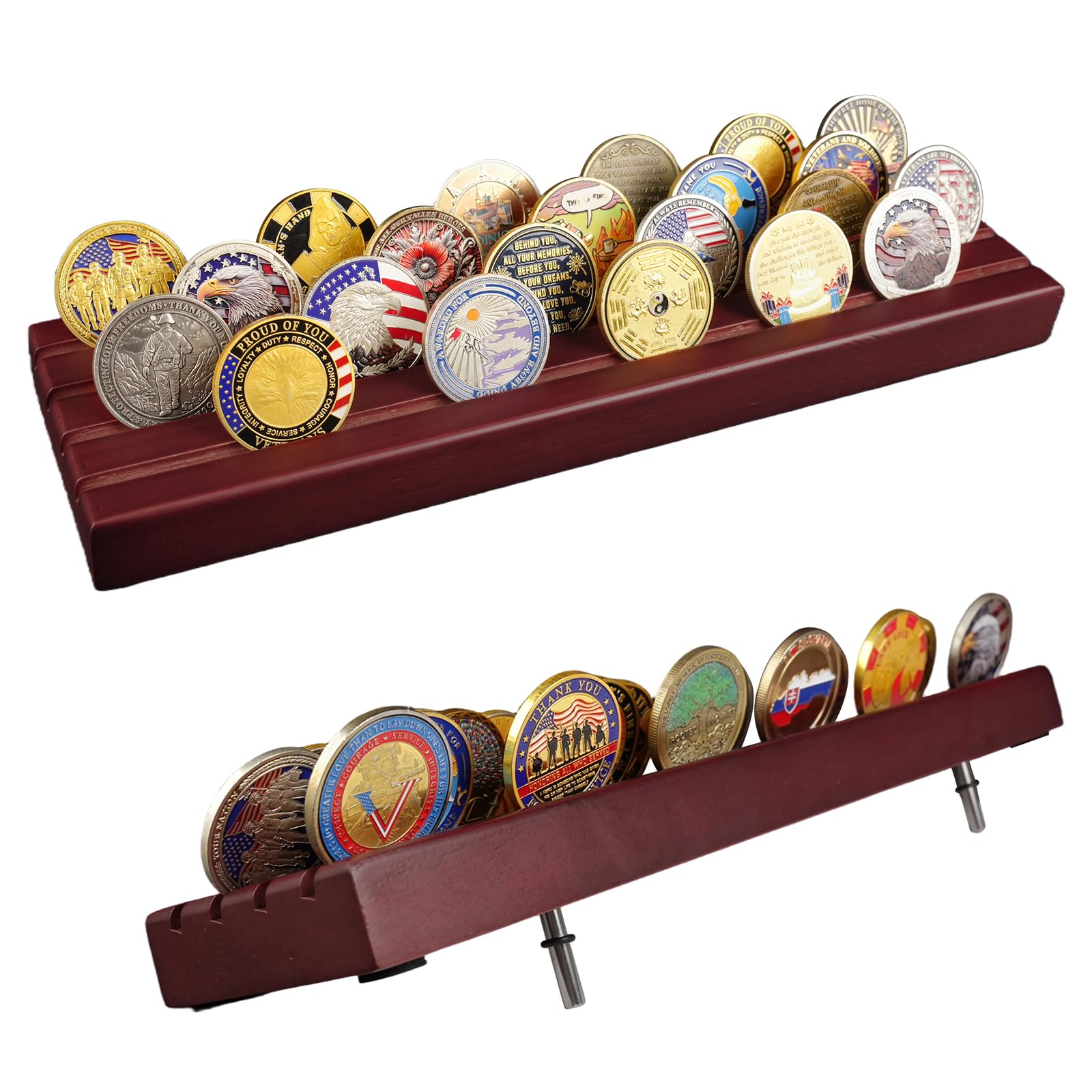 Military Challenge Coins Display Holder Solid Wood,Challenge Coin Stand Holds 30 Coins , 4 Row Military Coin Holder Rack for Desk,Challenge Coin Display Case for Collectors, Red
