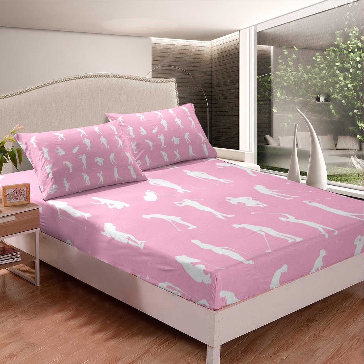 Homemissing Golf Fitted Sheet King Size Kids Fashion Sports Theme Bedding Set for Boys Girls Teens Ball Gaming Bed Sheet Set Pink Bed Cover Deep Pocket Home Decor