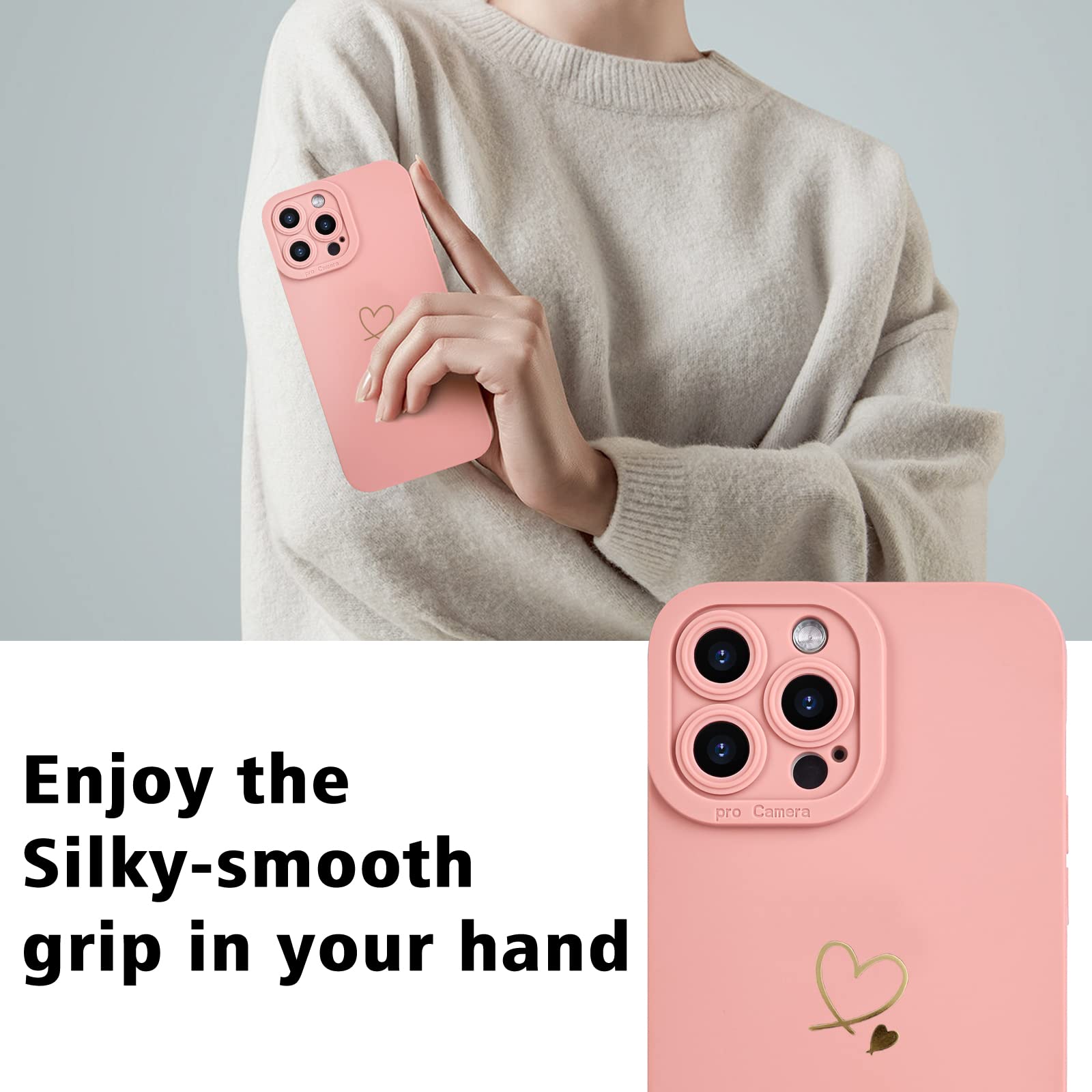 Newseego Cover compatibile con iPhone 13, motivo dorato Love-Heart design morbido silicone liquido iPhone 13, custodia protettiva elegante antiurto con lente tutto inclusa per iPhone 13 Pink