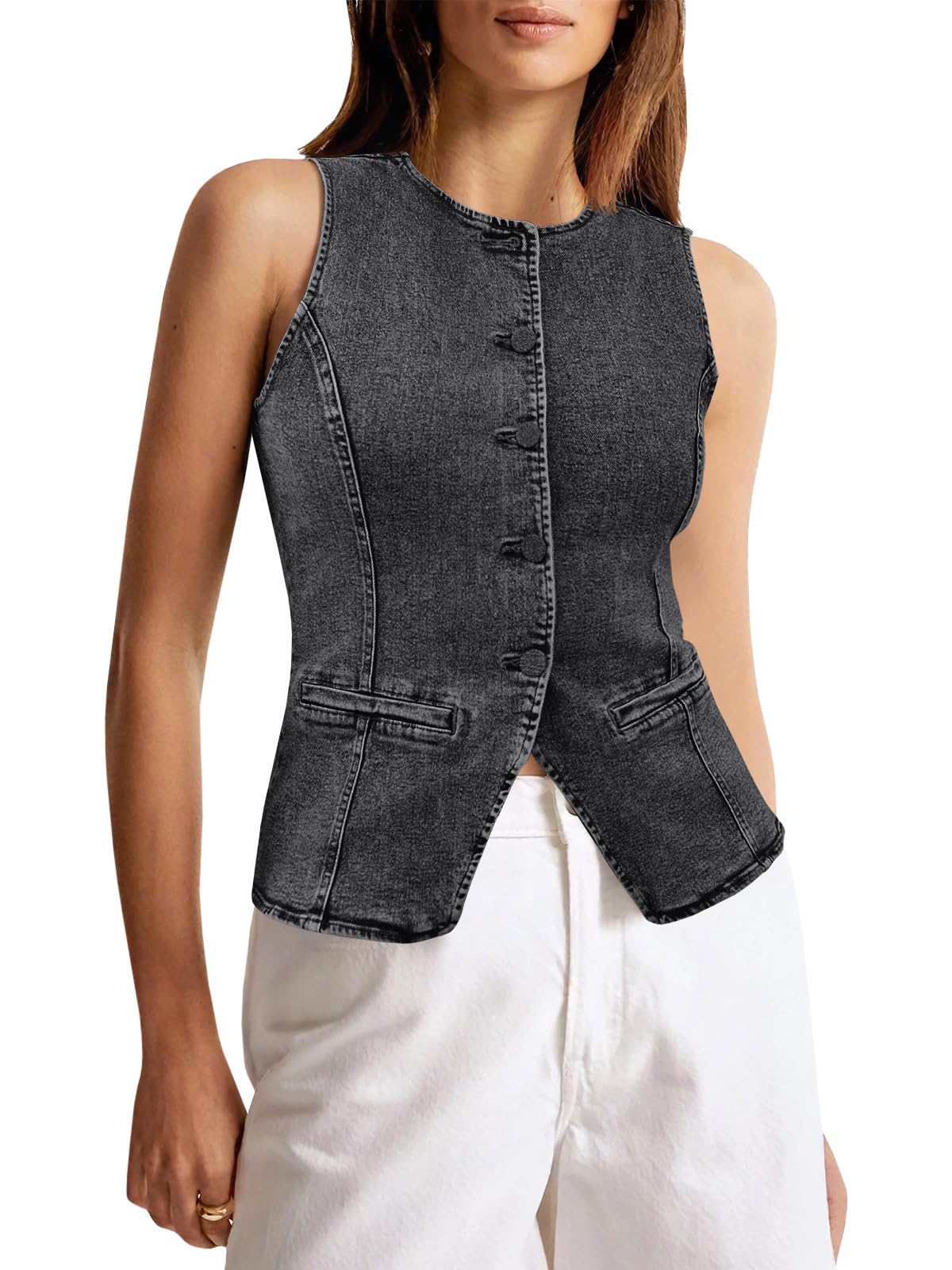 Chaleco de mezclilla para mujer entallado y transpirable con botones modas 7