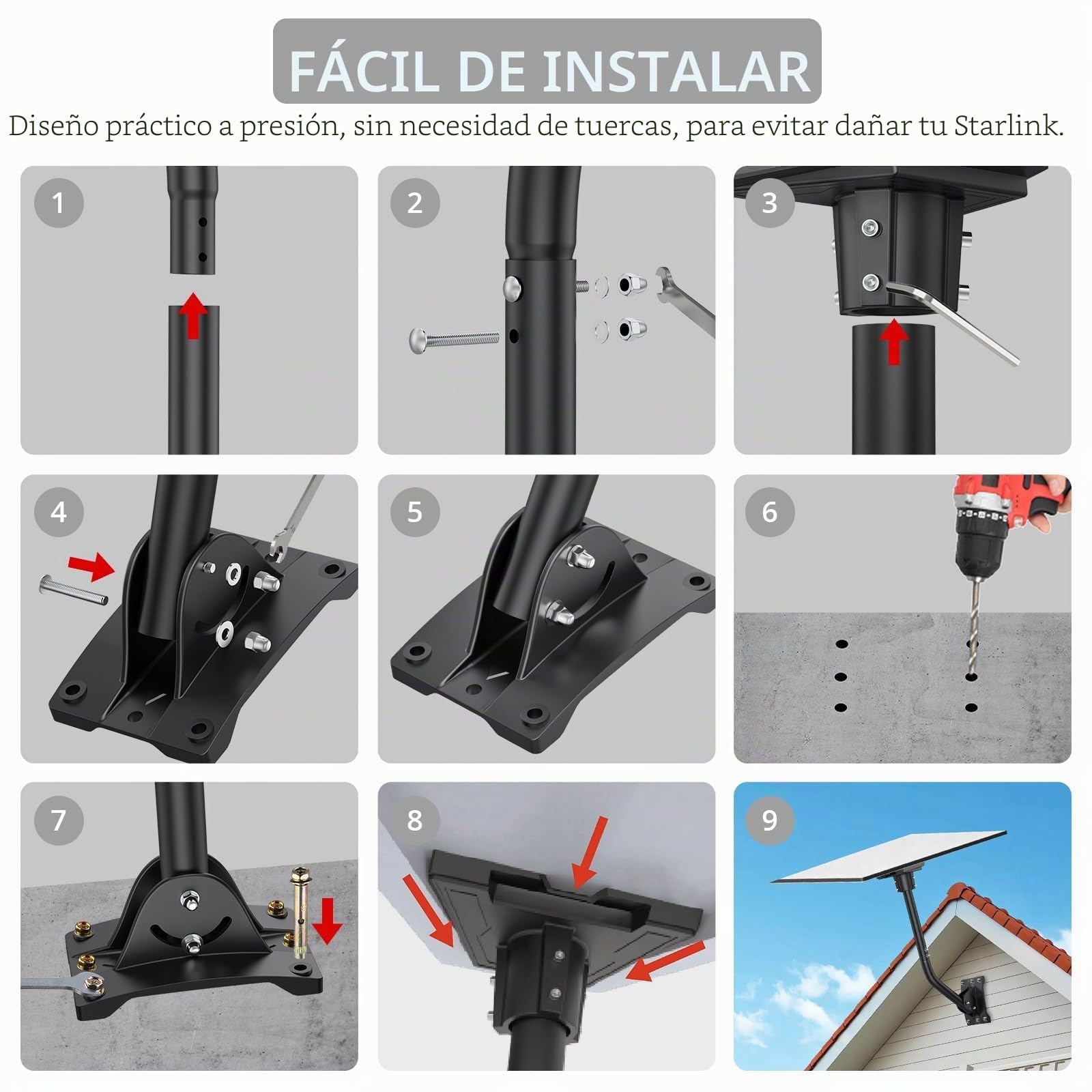 Justech Starlink Gen 3/4/4x Mount,Soporte Starlink V3 360°+ 20°Inclinación Aleación de Aluminio,Soporte de Pared con Adaptador de Tubo Compatible con Starlink Standard 4/4X/Gen 3