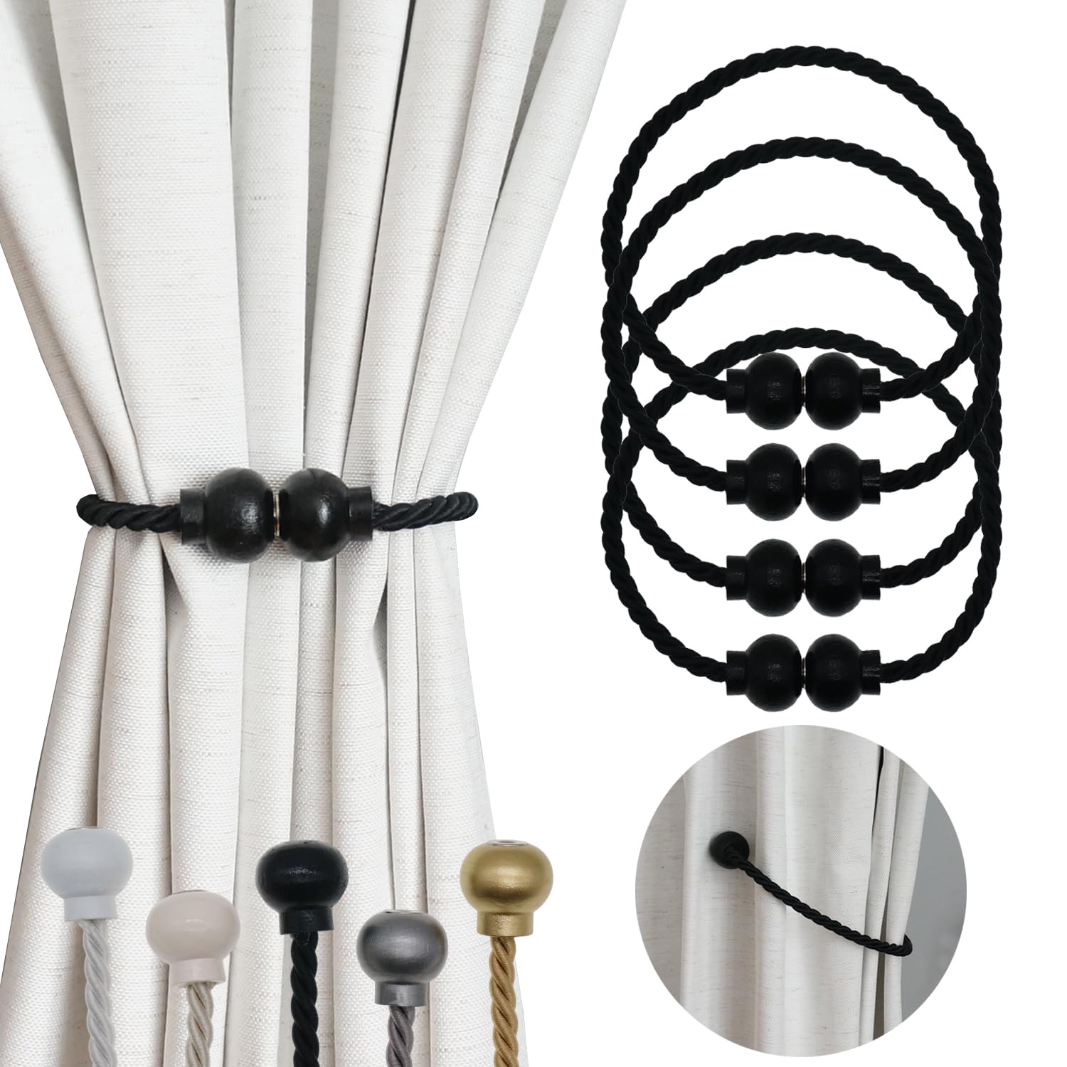 4 Pack Magnetic Curtain Tiebacks Modern Handmade Rope Curtain Tie Backs Decorative Drapes Weave Holdbacks for Home Outdoor Bedroom Office Decorative Curtain, Black