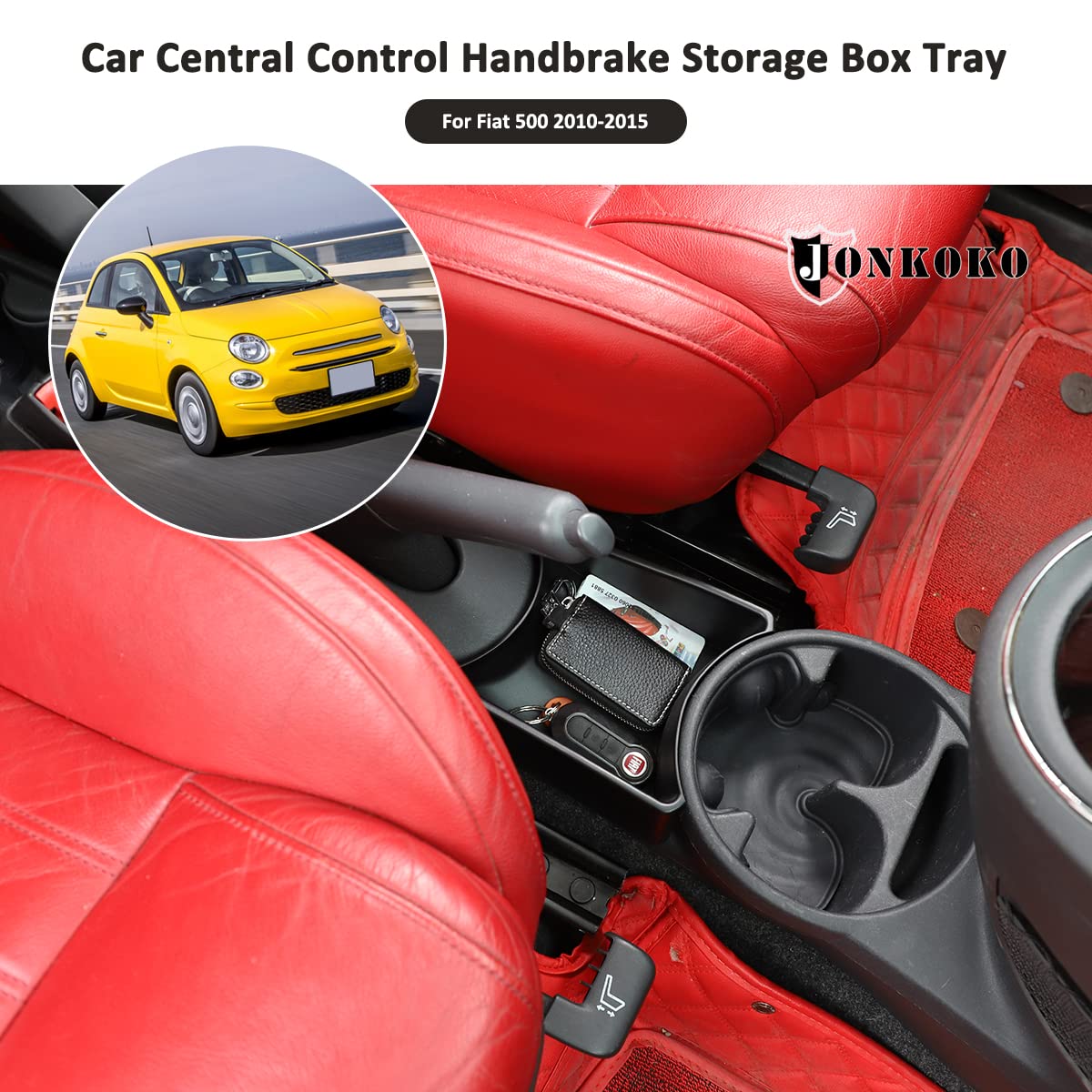 JONKOKO ABS Plastic Center Console Storage Box For Fiat 500 (2011-2015) – Armrest Handbrake Cover & Organizer Tray
