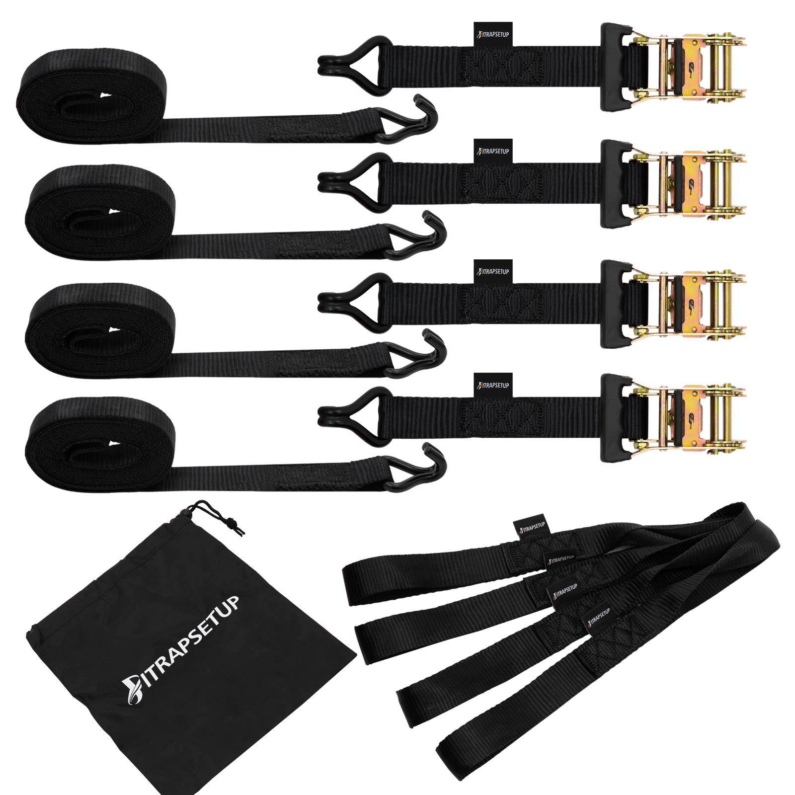 PITRAPSETUP 4 Pk Ratchet Tie Down Straps Set 1.5’’x 15’ 4500lbs Break Strength Rubber-coated J-hooks 4 Ratchets & 4 Soft Loops Heavy Duty Cargo Straps for Moving Appliances, Vehicle Motorcycle (Black)