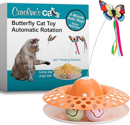Caroline's Cats Juguete automático de mariposa para gatos, interactivo 2 en 1 con apagado automático y pista de bolas de hierba gatera juego de