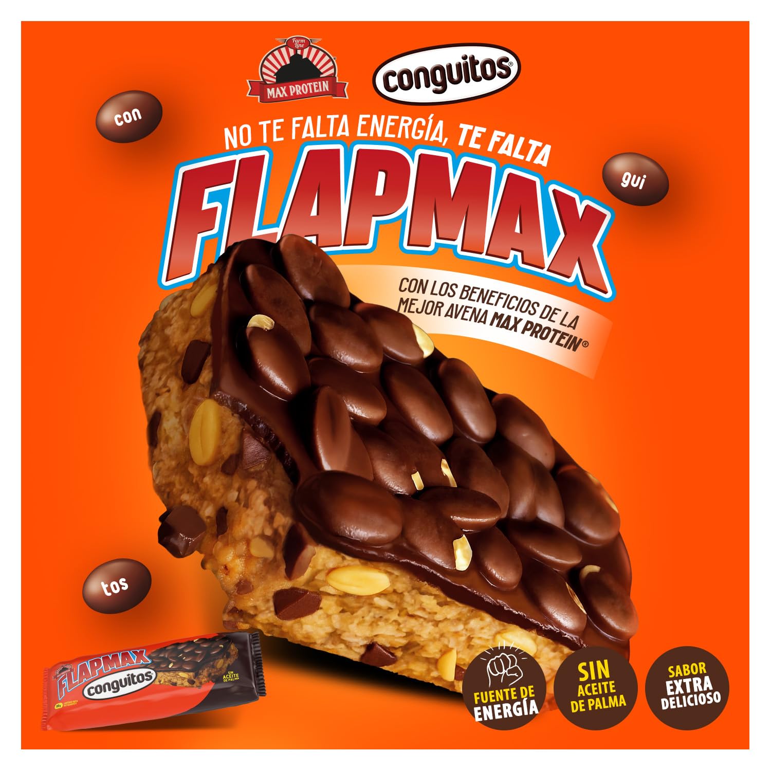MAX PROTEIN - Barritas Energeticas FLAPMAX Conguitos Dark - Pack 20 Barritas x 80 gr - Barritas de Avena y Cacahuetes con Conguitos - Barrita Pre Entrenamiento o Sustitutivas