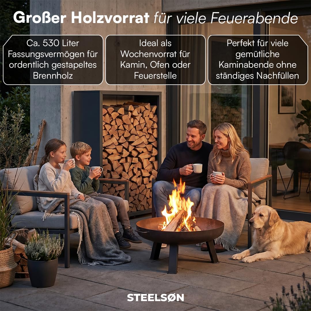 STEELSØN Keid Kaminholzregal 140x90x42,5 cm – Brennholz Regal für innen/außen – Holzunterstand stabiles Metall - rostfrei & wetterfest - Feuerholz Aufbewahrung Outdoor & Wohnzimmer/Keller - anthrazit