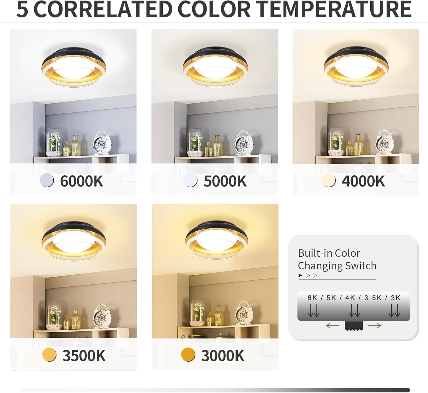 zeyu 18W LED Dimmable Ceiling Lighting Fixture, 15 Inch Ceiling Lamp Fixture with Striped Clear Glass, 5CCT Adjustable 3000K/3500K/4000K/5000K/6000K, Black and Gold Finish, ZSL68MF-LED BK