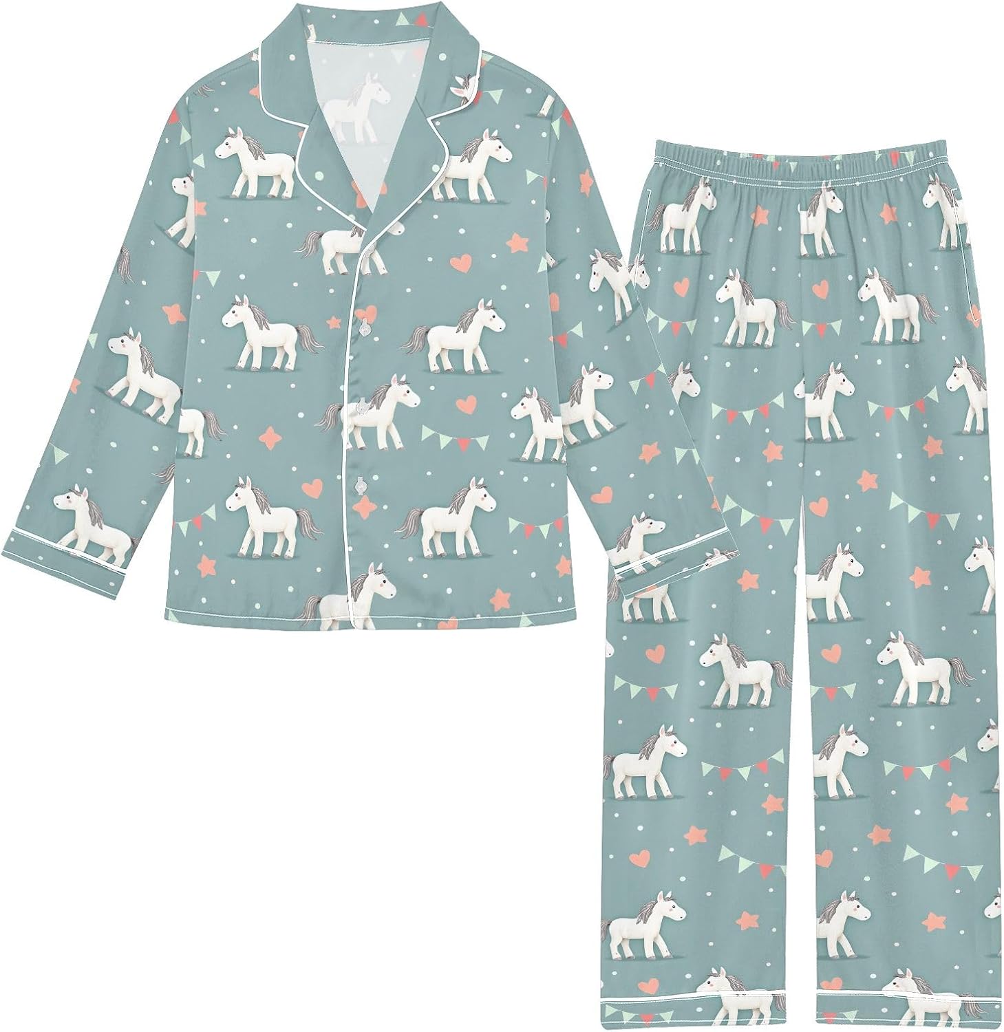 Kids Casual Satin Wear Set Little White Horse Star Pattern Unisex Relaxed Fit Clothing