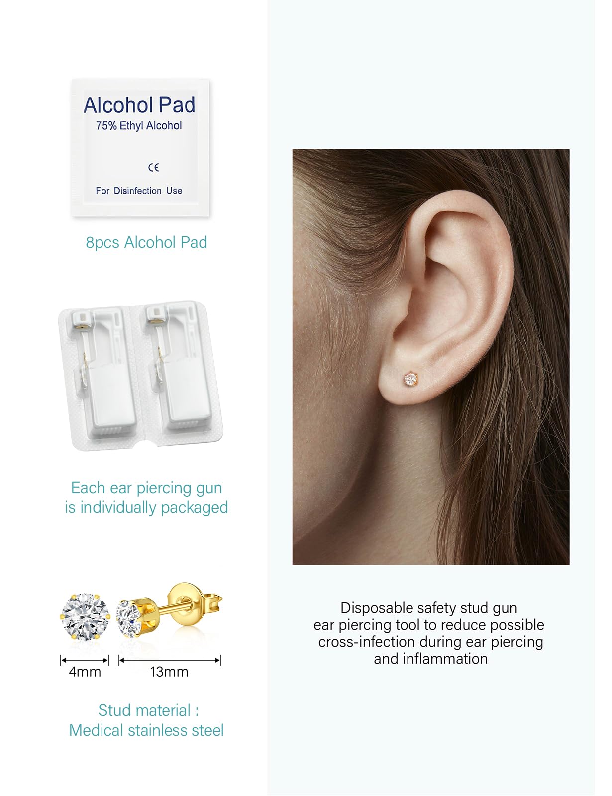 Yiorxu 8pcs Ear Piercing Gun Kit,Pain-Free Disposable Sterile Self Piercing Kit Set with 8 Medical Grade Studs Earrings Silver/Gold & Wipes for Teens,Women Men Girls Boys & Home Use — view 3