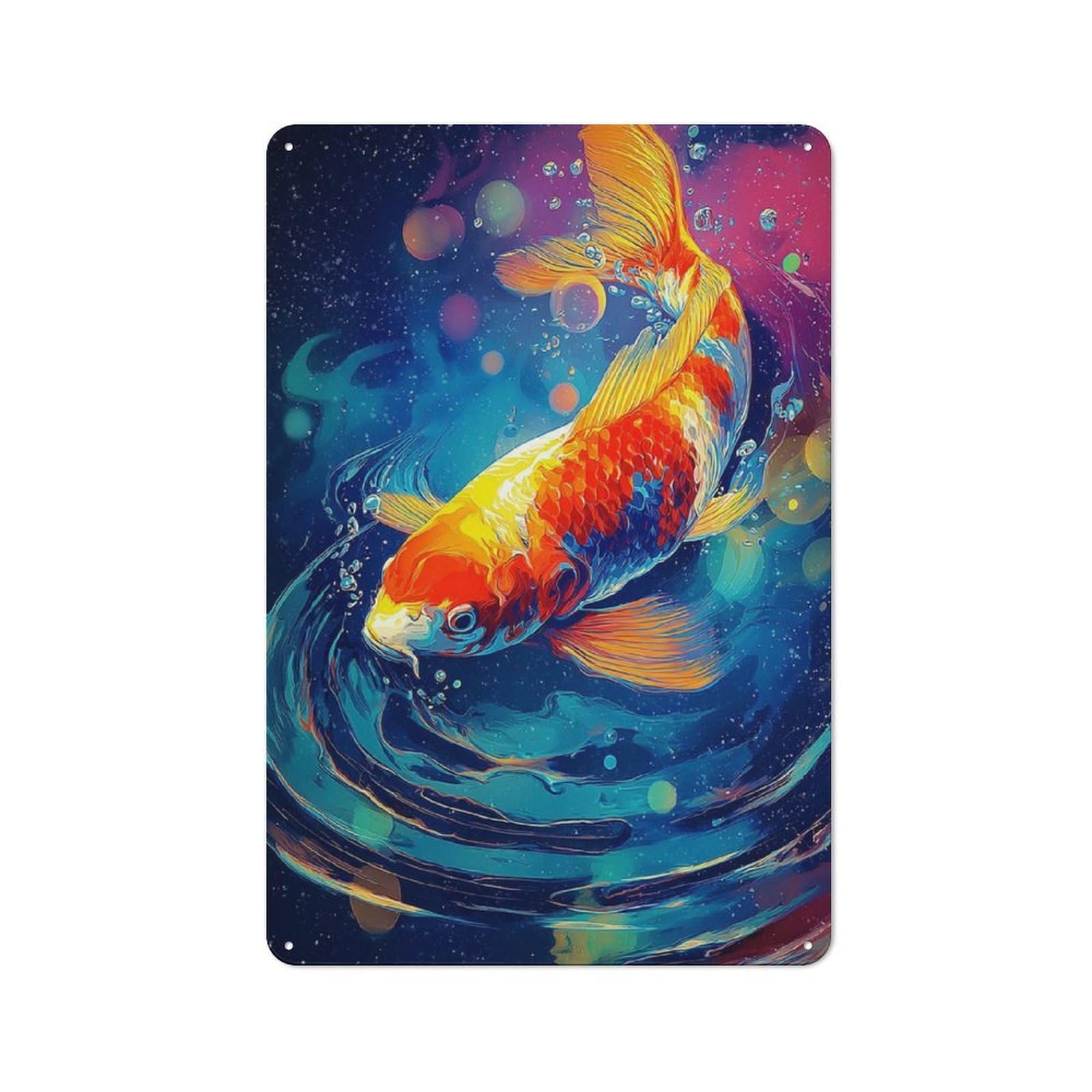 Junmoney Colorful Koi Fish Painting Tin Wall Plaque 30X20cm, Barn Style Rustic Kitchen Decor For Farmhouse Kitchen, Pantry Or Dining Area
