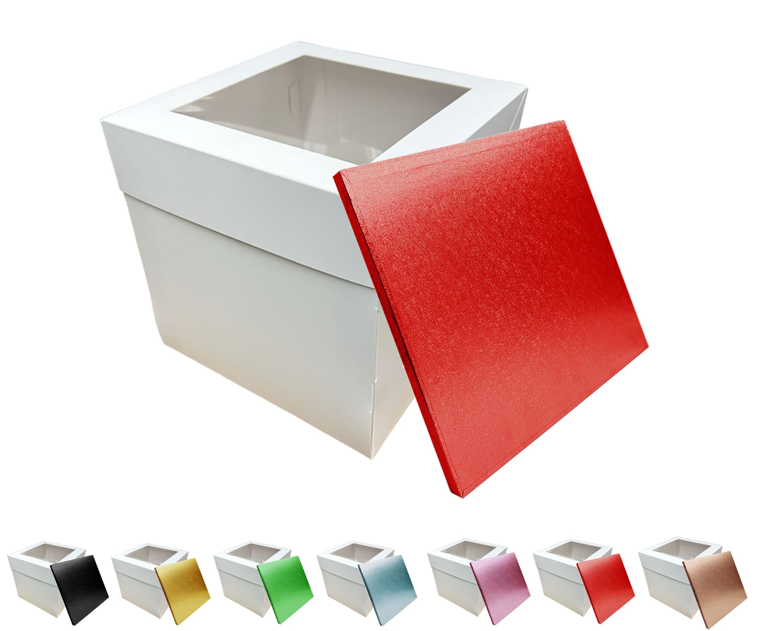 LARRYROO Tall White Cake Box Extra Deep with Clear Display Window & Vibrant, Colourful Square Cake Drum Board Combo (Red, 10 Inch)