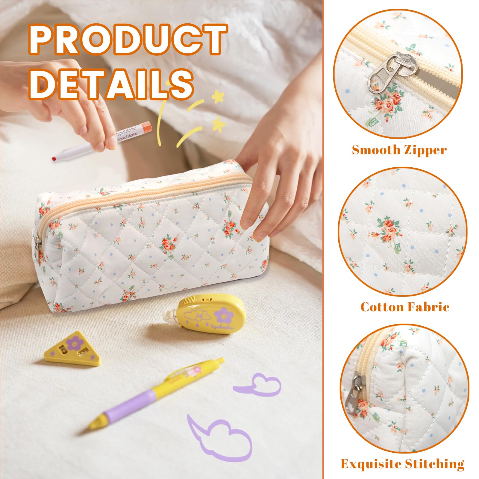 LJCZKA Floral Pencil Case for Girls Women Small Flower Pencil Pouch, Cotton Quilted Makeup Bags for School College Travel - Image 3