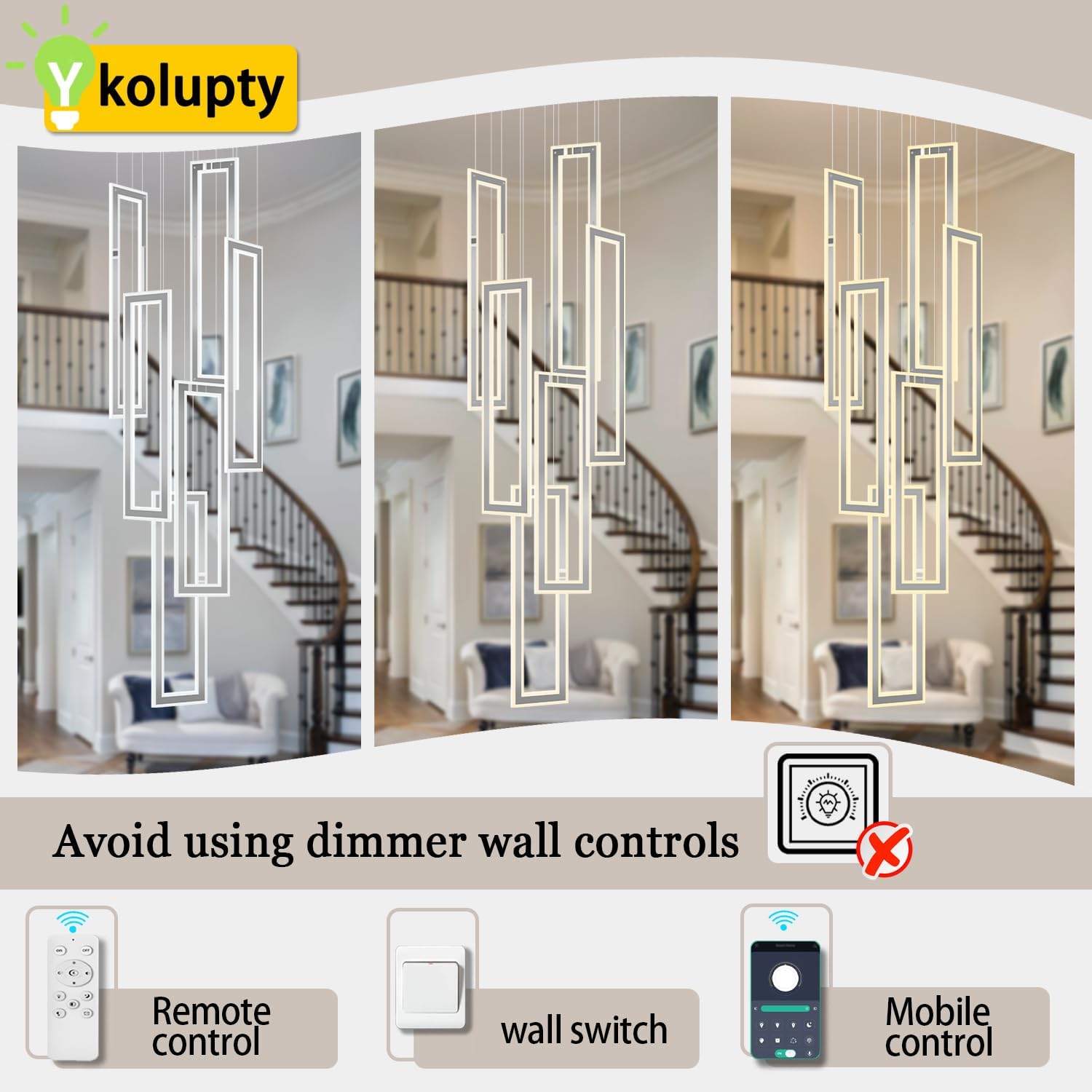 ykolupty Modern Chandelier, Rectangle Chandeliers with 6 Ring Led Foyer Chandeliers,Larger High Ceiling Chandelier for Living Room,Entryway Staircase LED Dimming 2700k-6000k