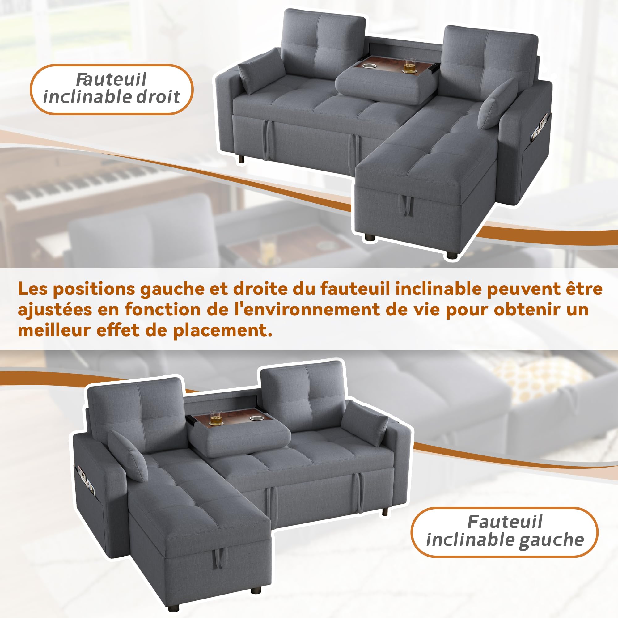 Divano angolare a L con funzione letto,Divano a 3 posti con letto estraibile e portabicchieri pieghevole,divano trasformabile con vano contenitore,tessuto di lino,per soggiorno,Grigio