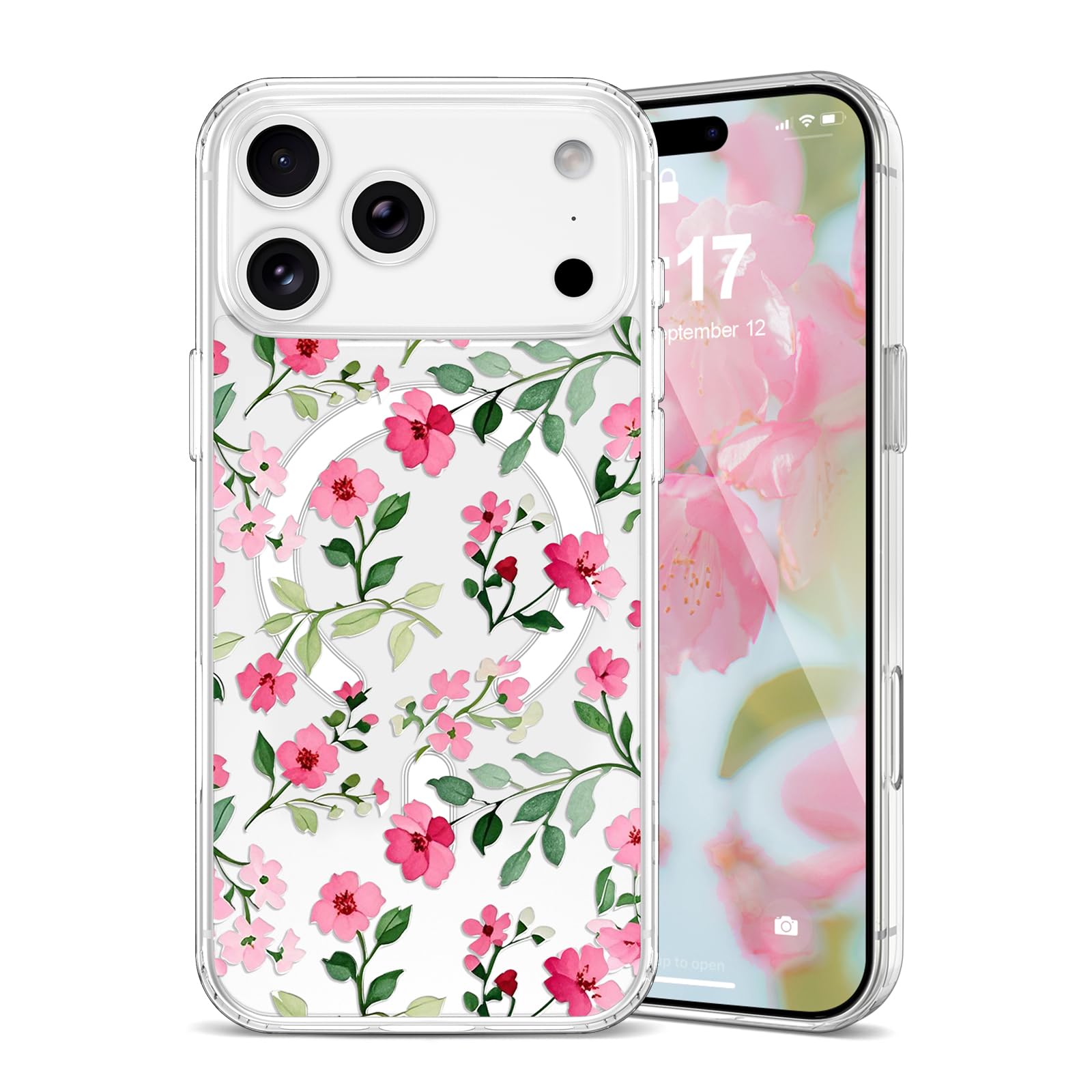 Étui iPhone 12 Pro Max Magsafe chic pour femme avec fleurs magenta claires