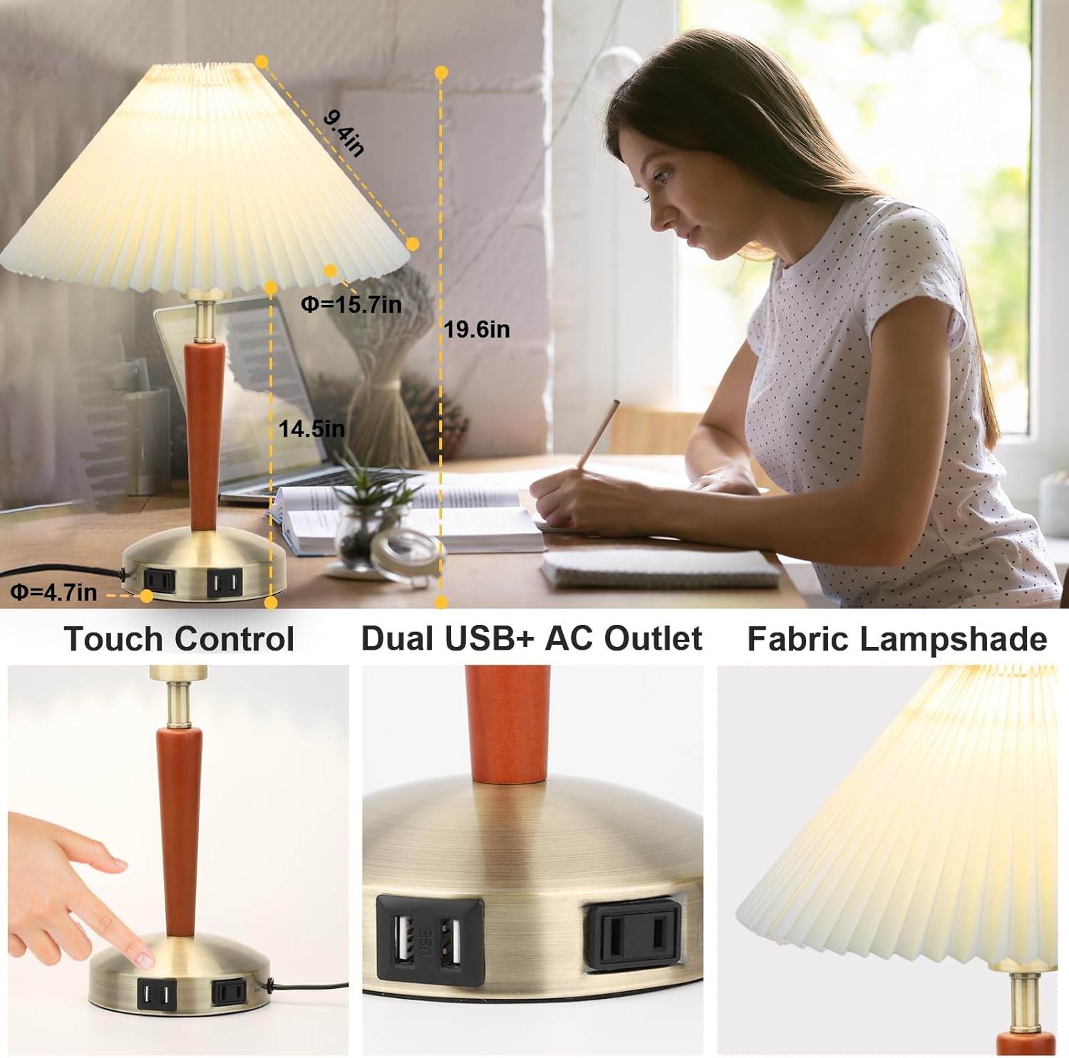 Touch Bedside Table Lamp - Modern Small Lamp for Bedroom Living Room Nightstand, Desk lamp with Fabric Lamp Shade, Warm LED Bulb, 3 Way Dimmable, Simple Design Mother's Day Gifts (Brown)